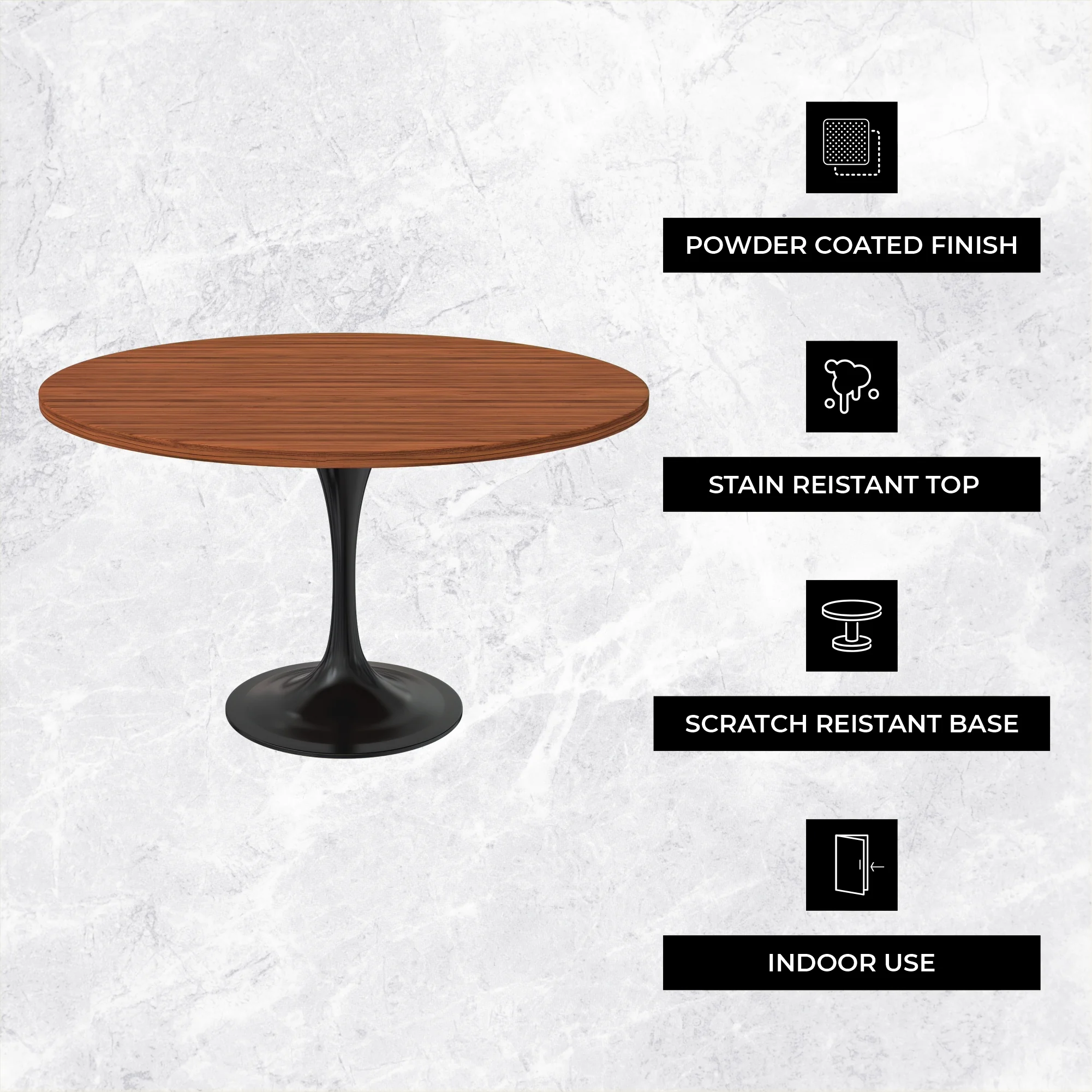 Verve Collection 48 Round Dining Table, Black Base with Cognac Brown MDF Top