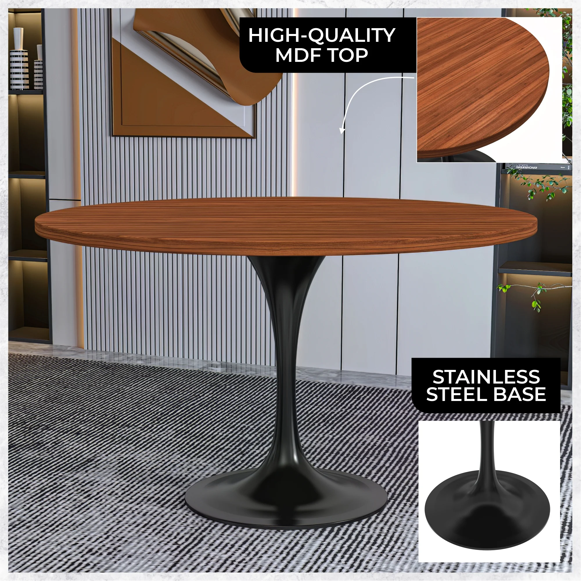 Verve Collection 48 Round Dining Table, Black Base with Cognac Brown MDF Top