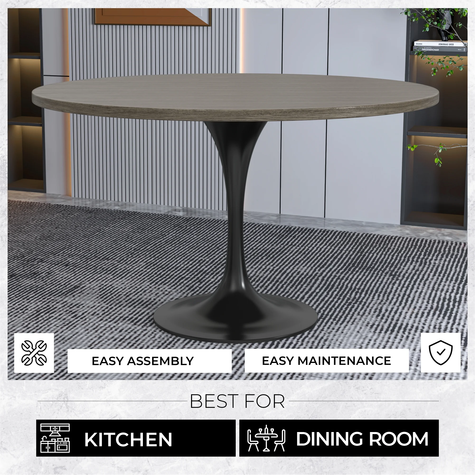 Verve Collection 48 Round Dining Table, Black Base with Dark Maple MDF Top