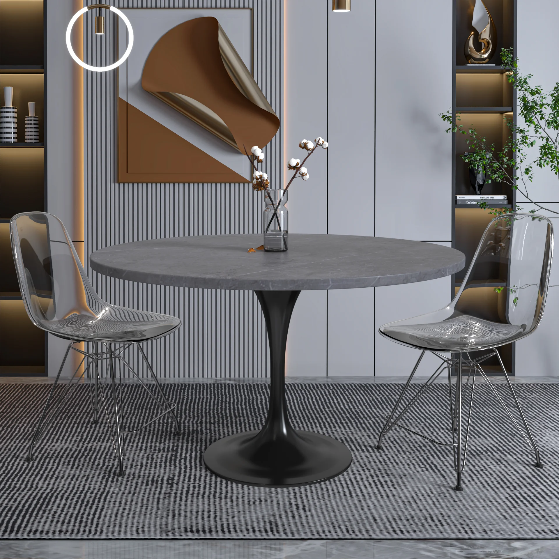 Verve Collection 48 Round Dining Table, Black Base with Sintered Stone Grey Top