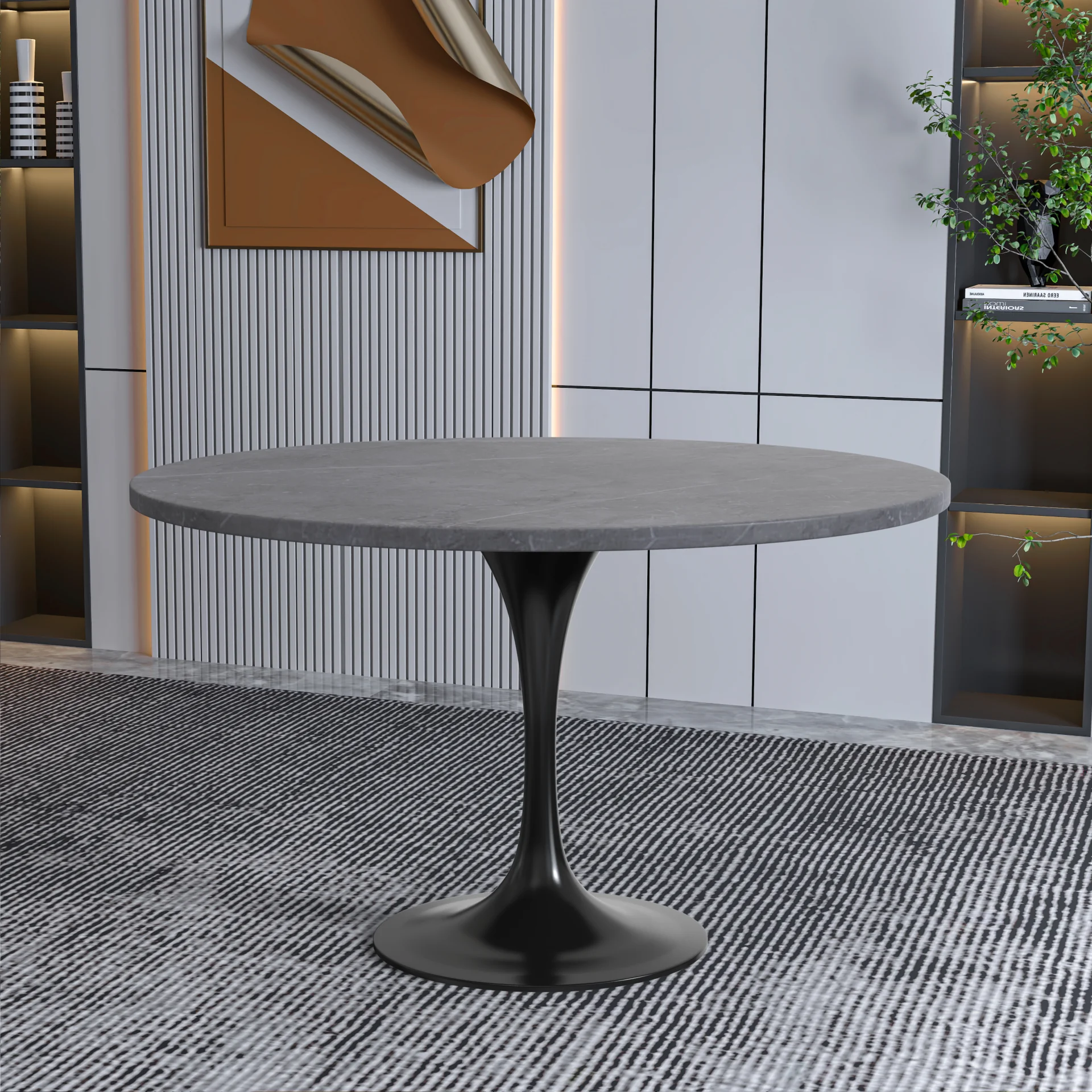 Verve Collection 48 Round Dining Table, Black Base with Sintered Stone Grey Top