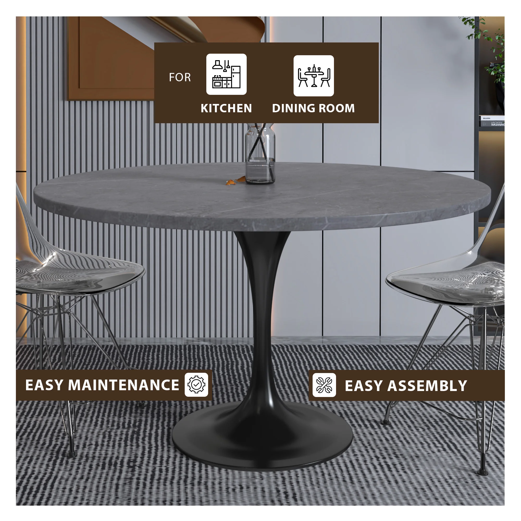 Verve Collection 48 Round Dining Table, Black Base with Sintered Stone Grey Top