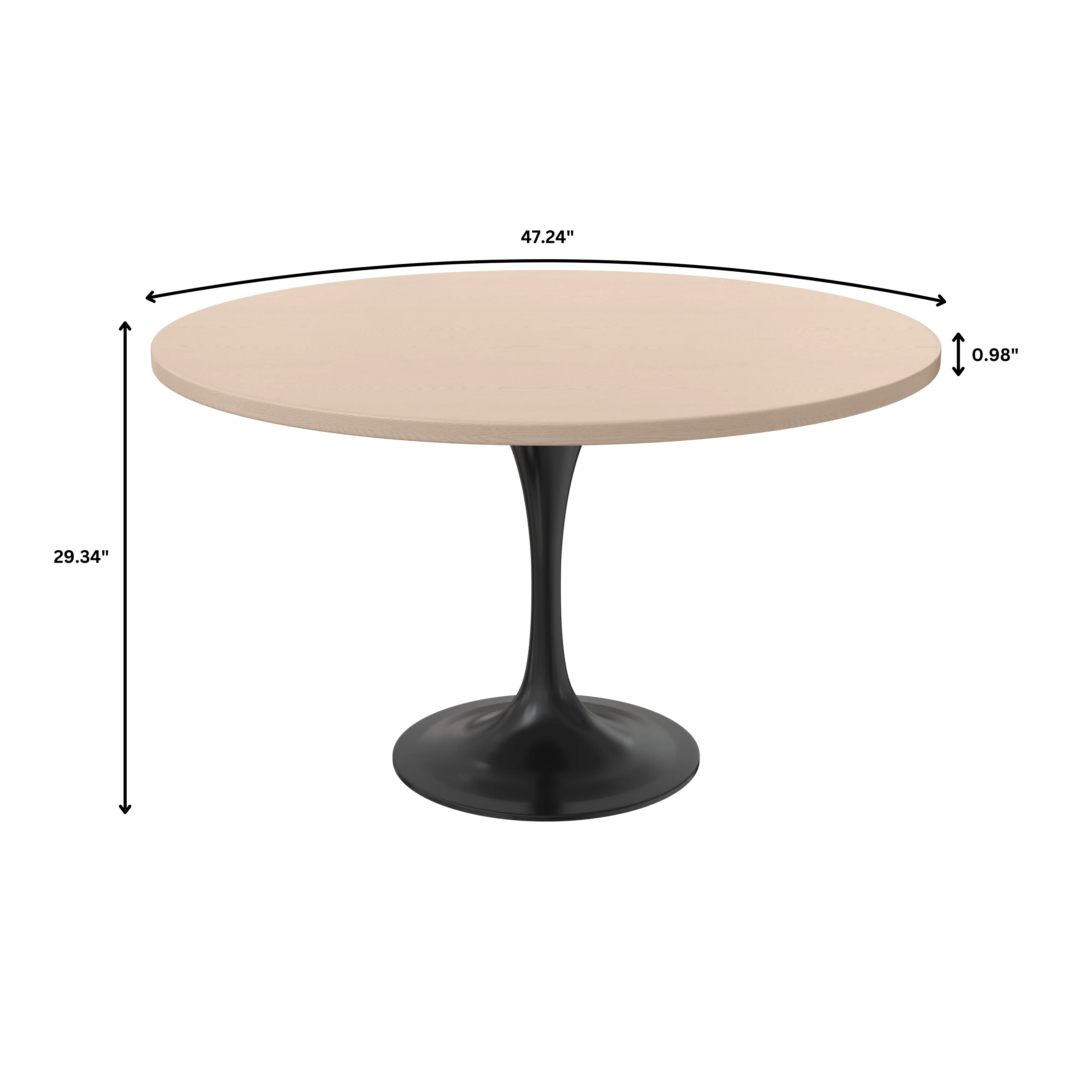Verve Collection 48 Round Dining Table, Black Base with Light Natural Wood MDF Top