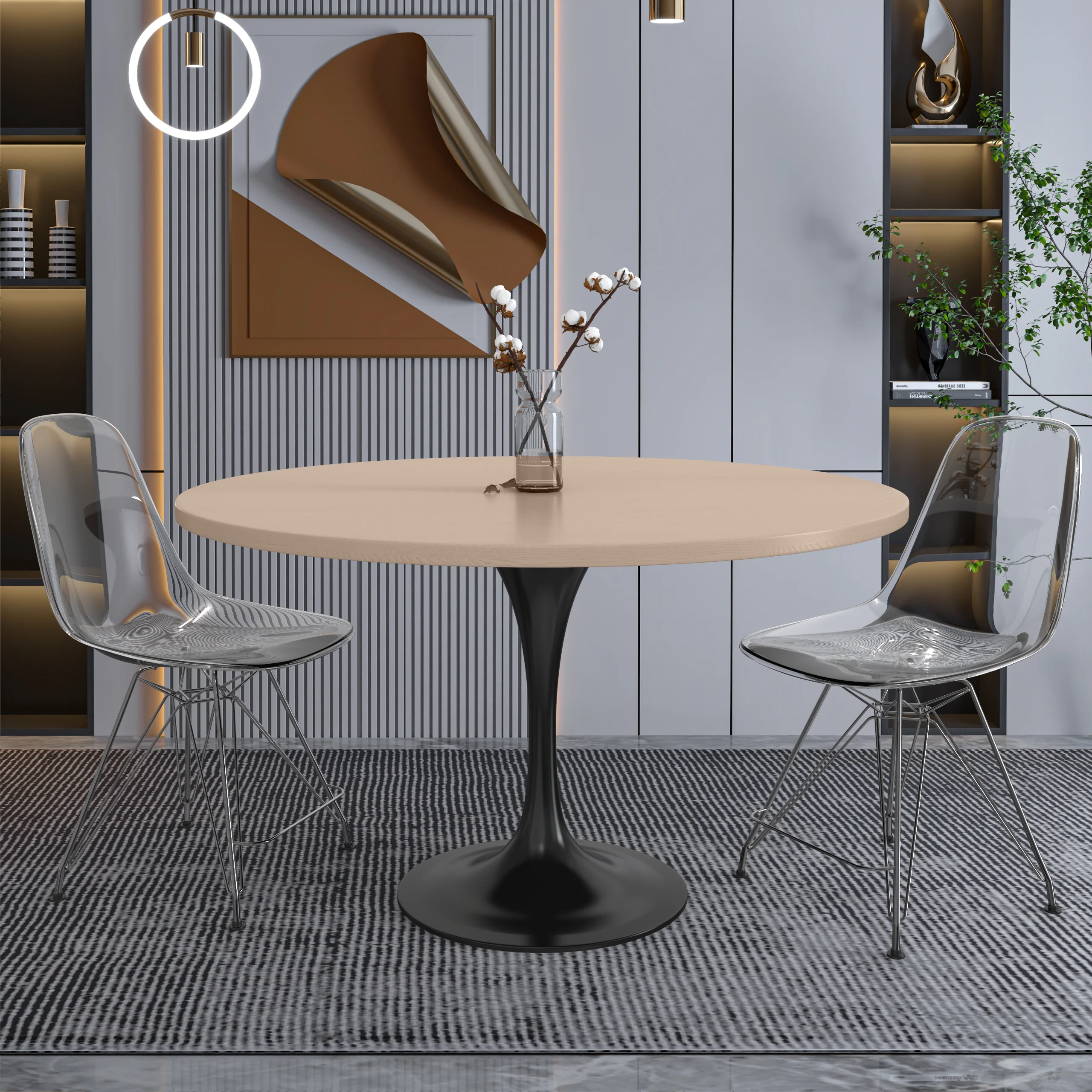 Verve Collection 48 Round Dining Table, Black Base with Light Natural Wood MDF Top