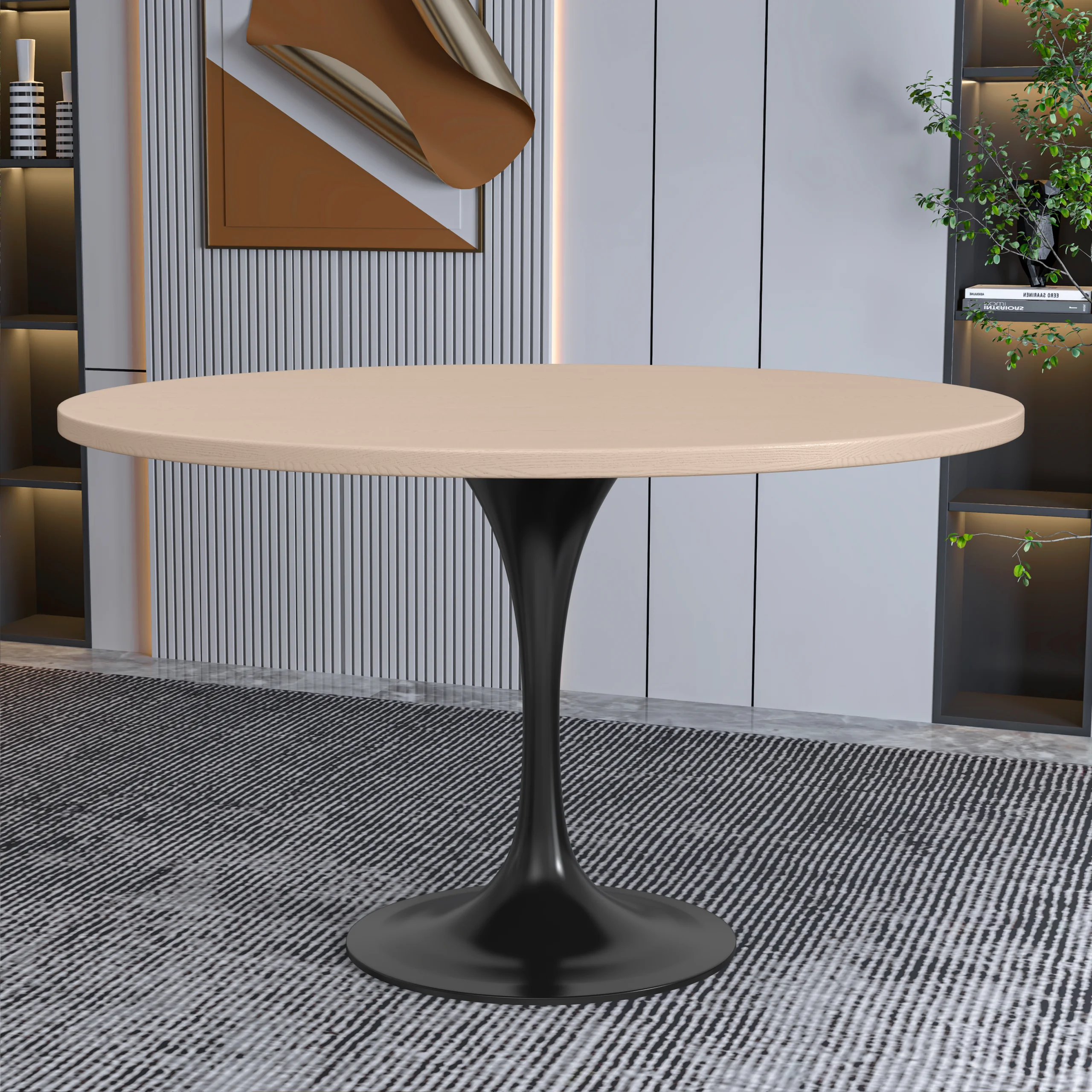 Verve Collection 48 Round Dining Table, Black Base with Light Natural Wood MDF Top