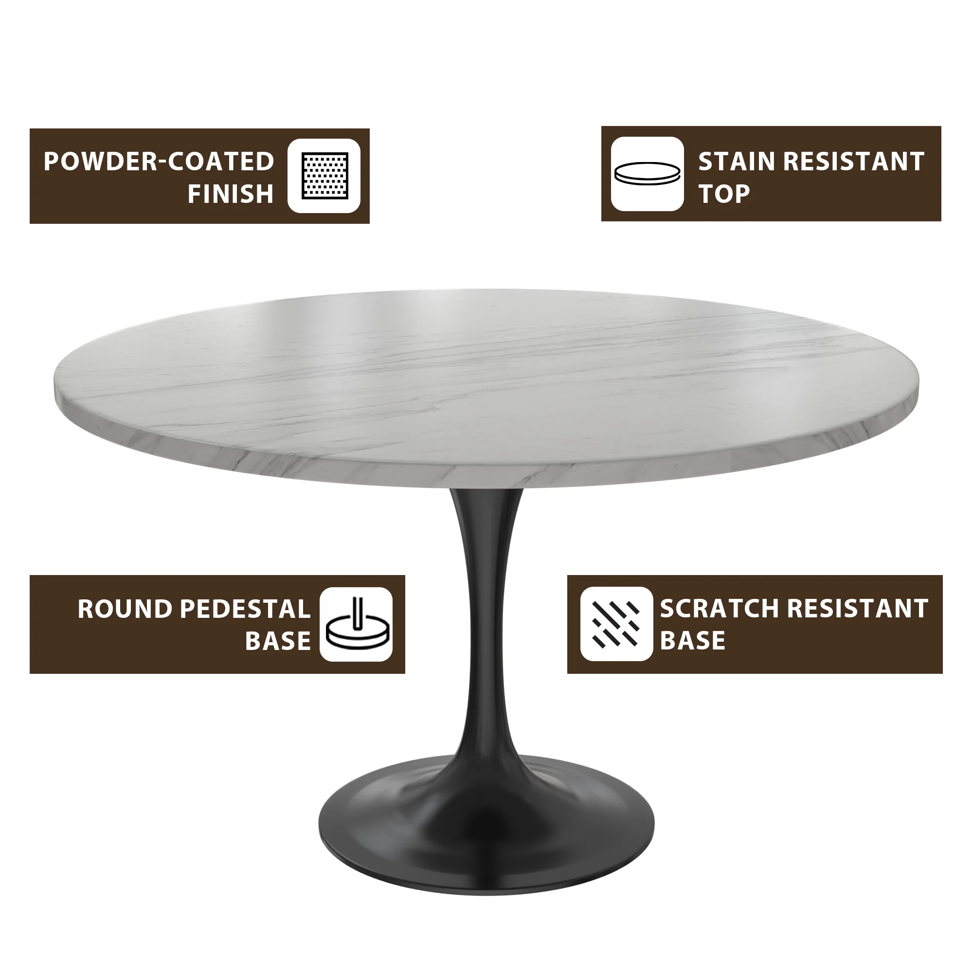 Verve Collection 48 Round Dining Table, Black Base with Sintered Stone White Top