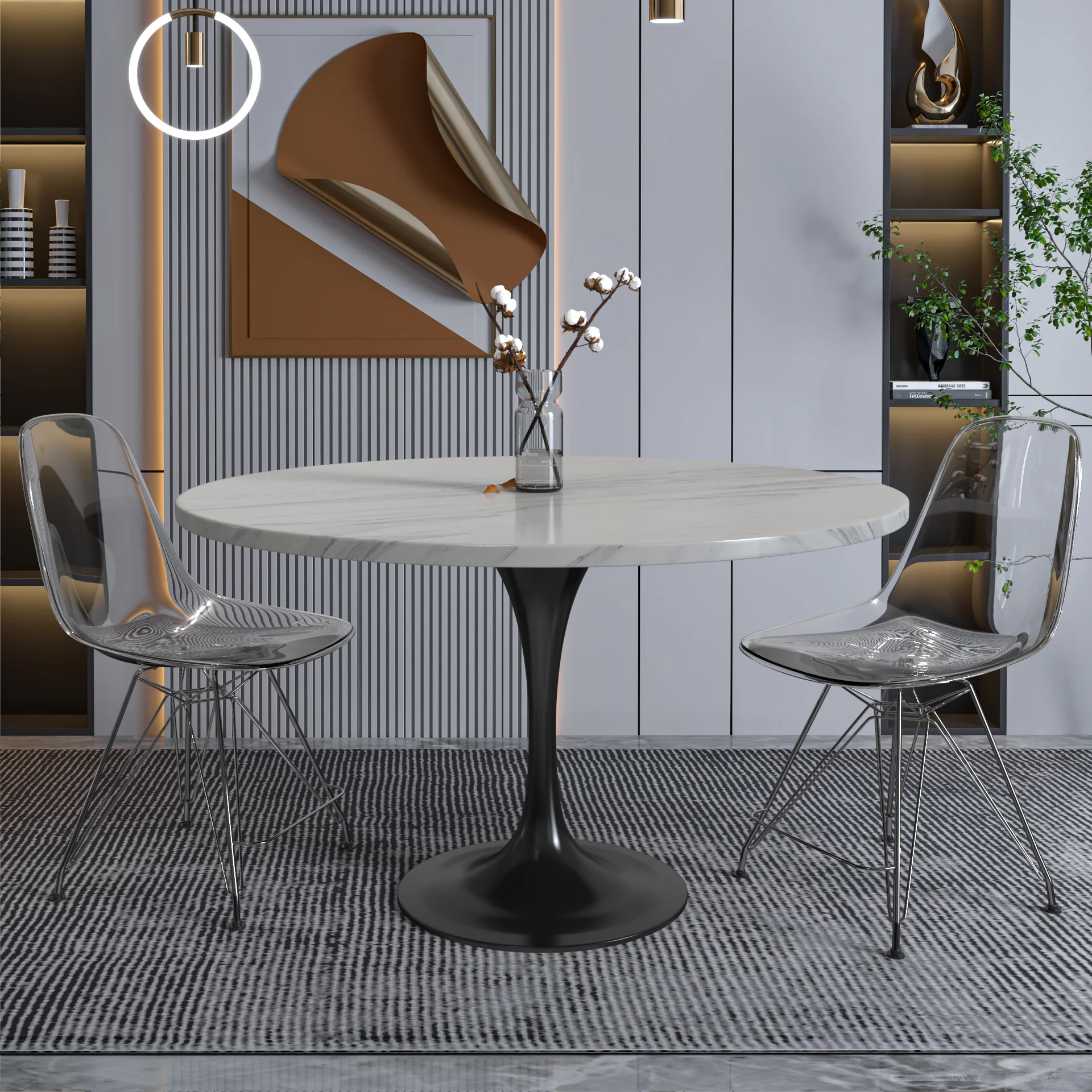 Verve Collection 48 Round Dining Table, Black Base with Sintered Stone White Top