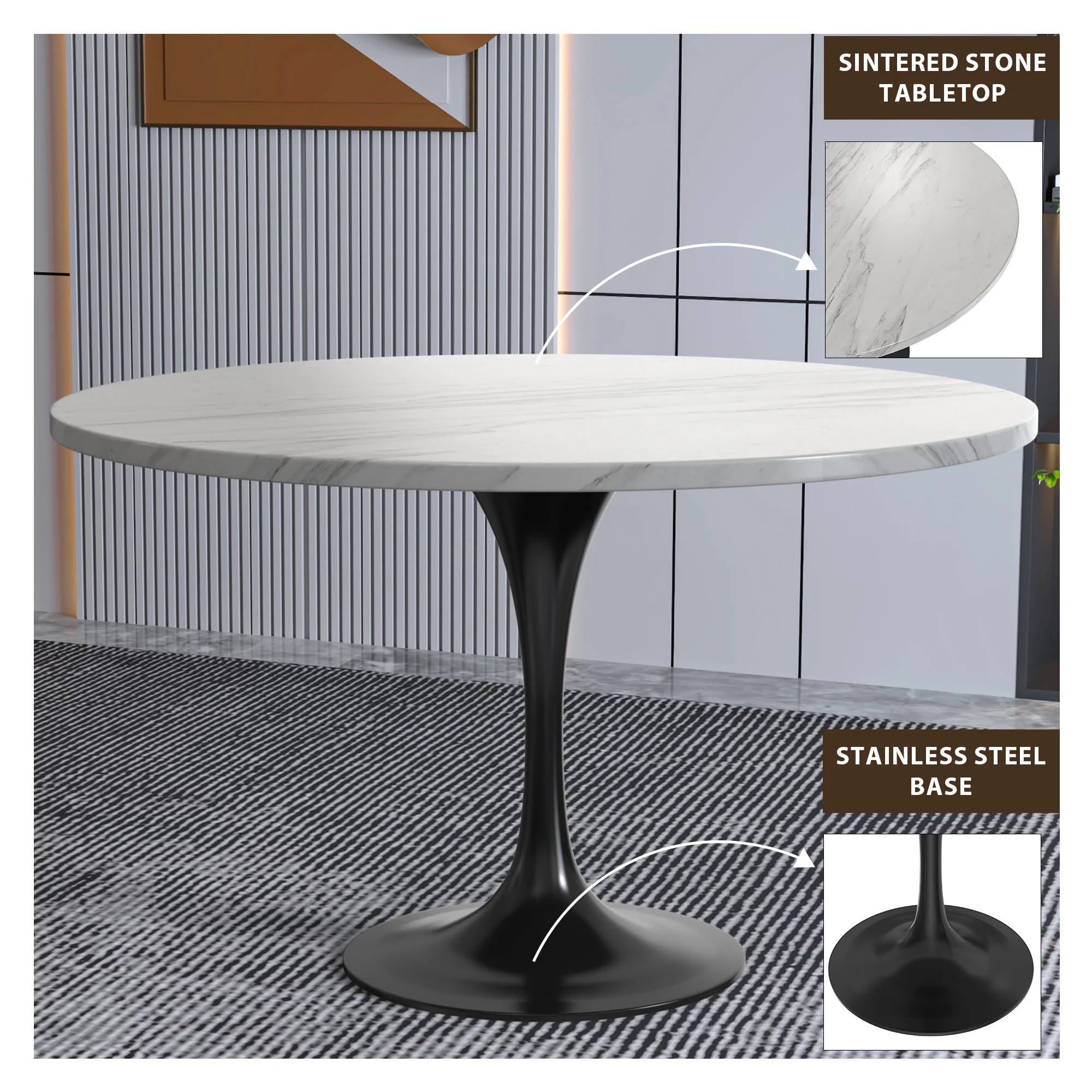 Verve Collection 48 Round Dining Table, Black Base with Sintered Stone White Top