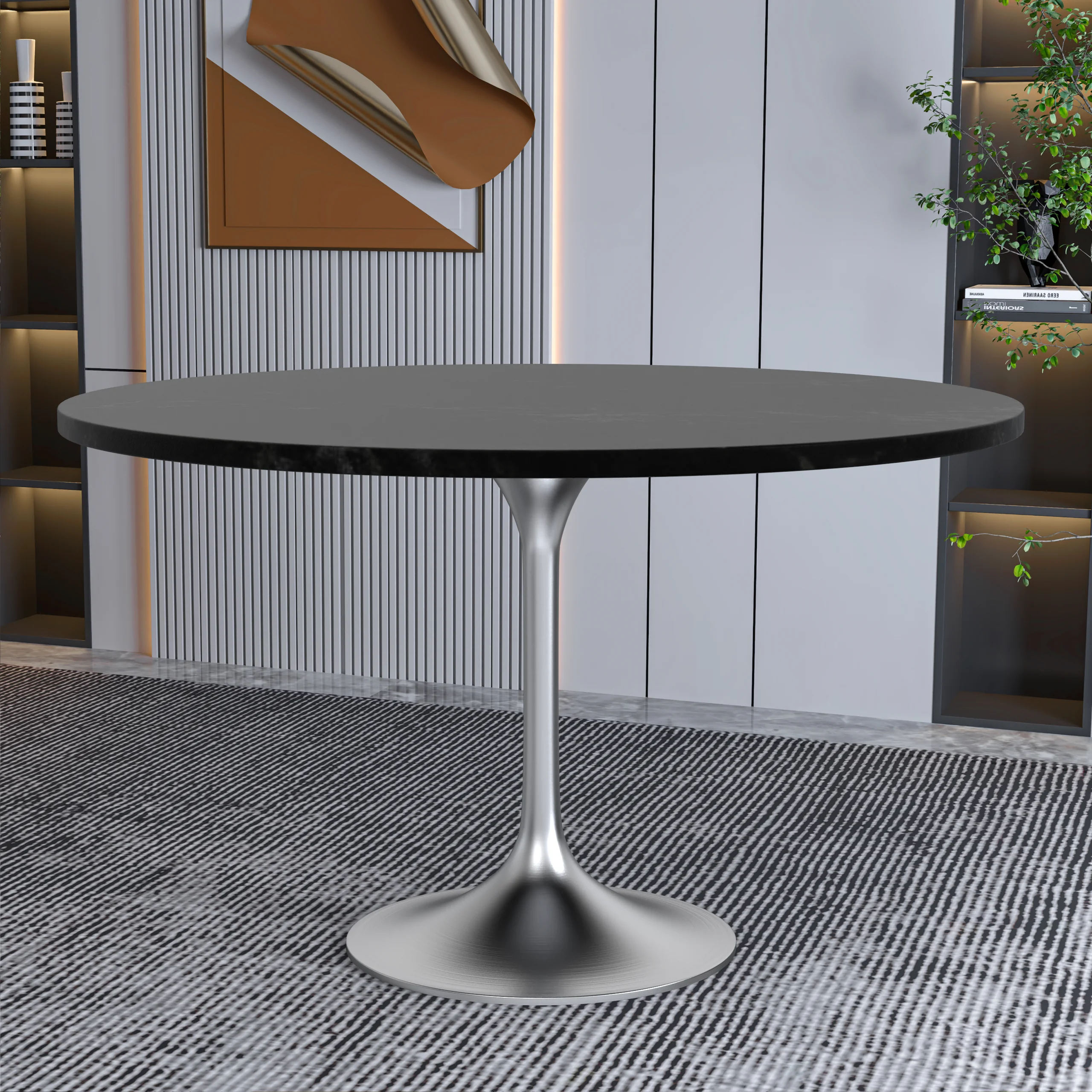 Verve Collection 48" Round Dining Table, Brushed Chrome Base with Black MDF Top