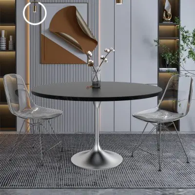 Verve Collection 48" Round Dining Table, Brushed Chrome Base with Black MDF Top