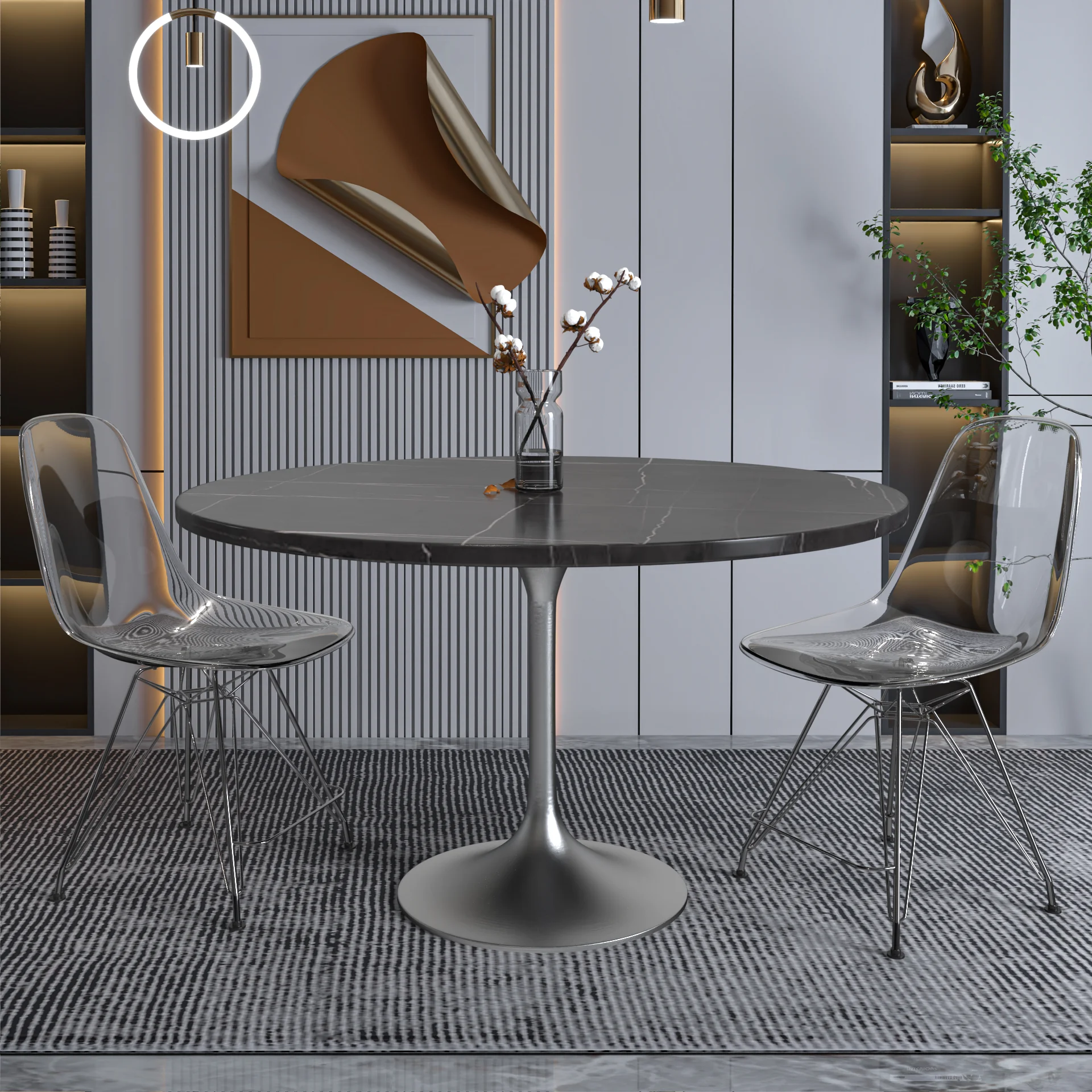 Verve Collection 48 Round Dining Table, Brushed Chrome Base with Sintered Stone Black Top