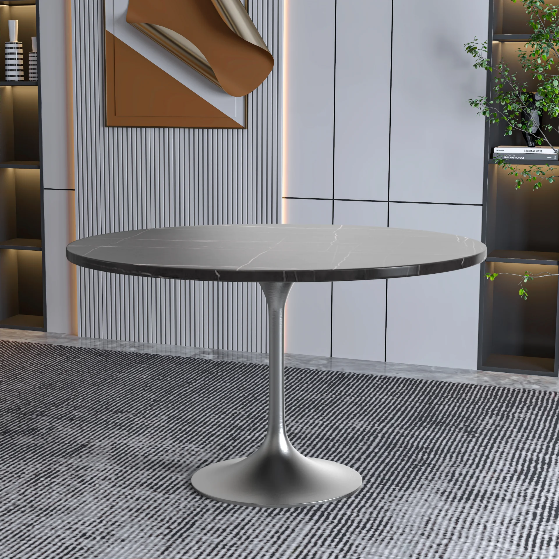 Verve Collection 48 Round Dining Table, Brushed Chrome Base with Sintered Stone Black Top