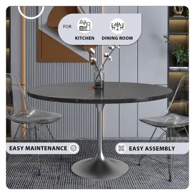 Verve Collection 48 Round Dining Table, Brushed Chrome Base with Sintered Stone Black Top