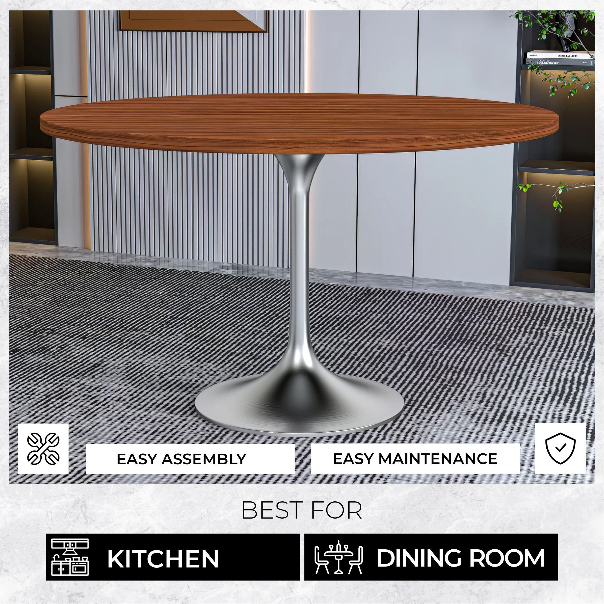 Verve Collection 48" Round Dining Table, Brushed Chrome Base with Cognac Brown MDF Top