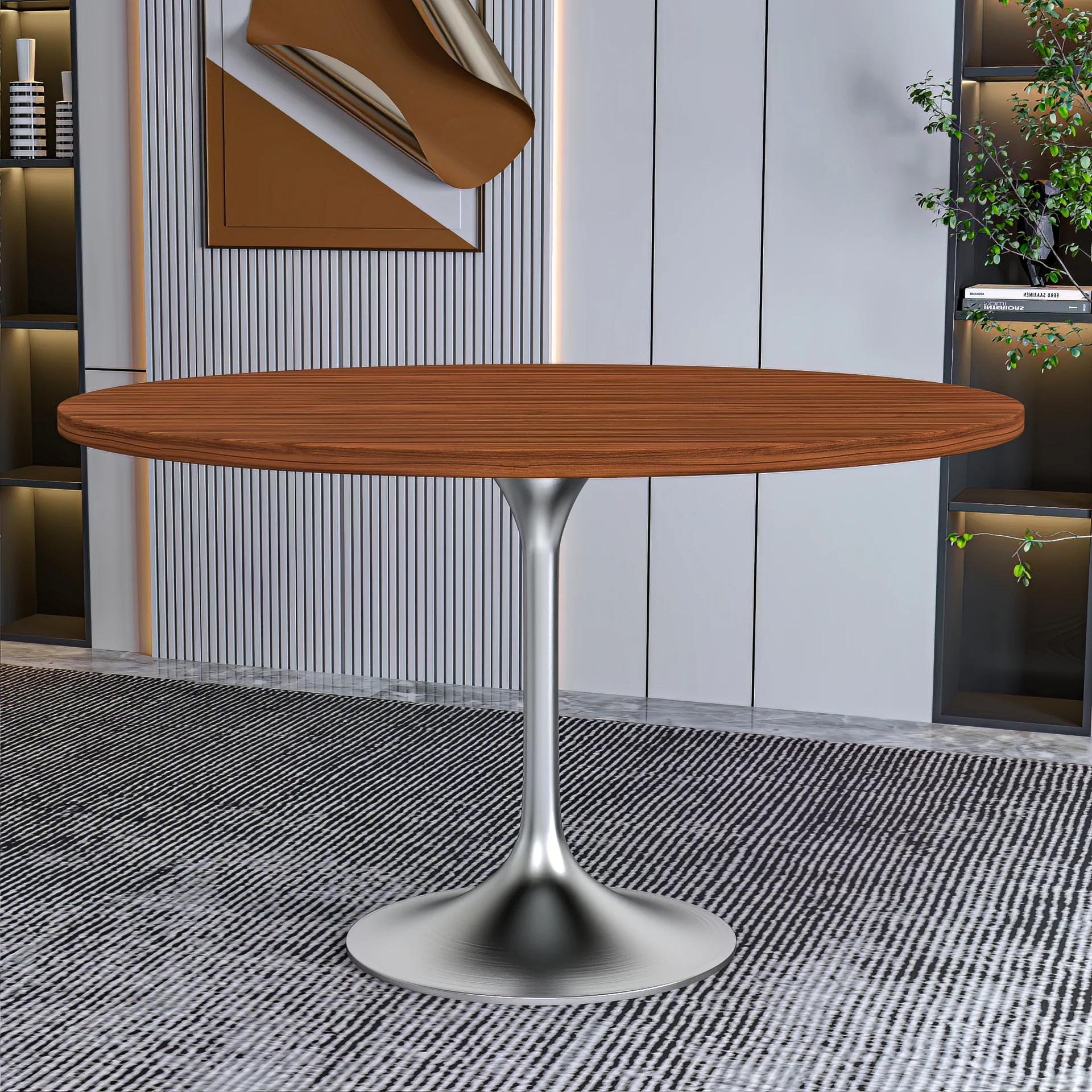 Verve Collection 48" Round Dining Table, Brushed Chrome Base with Cognac Brown MDF Top