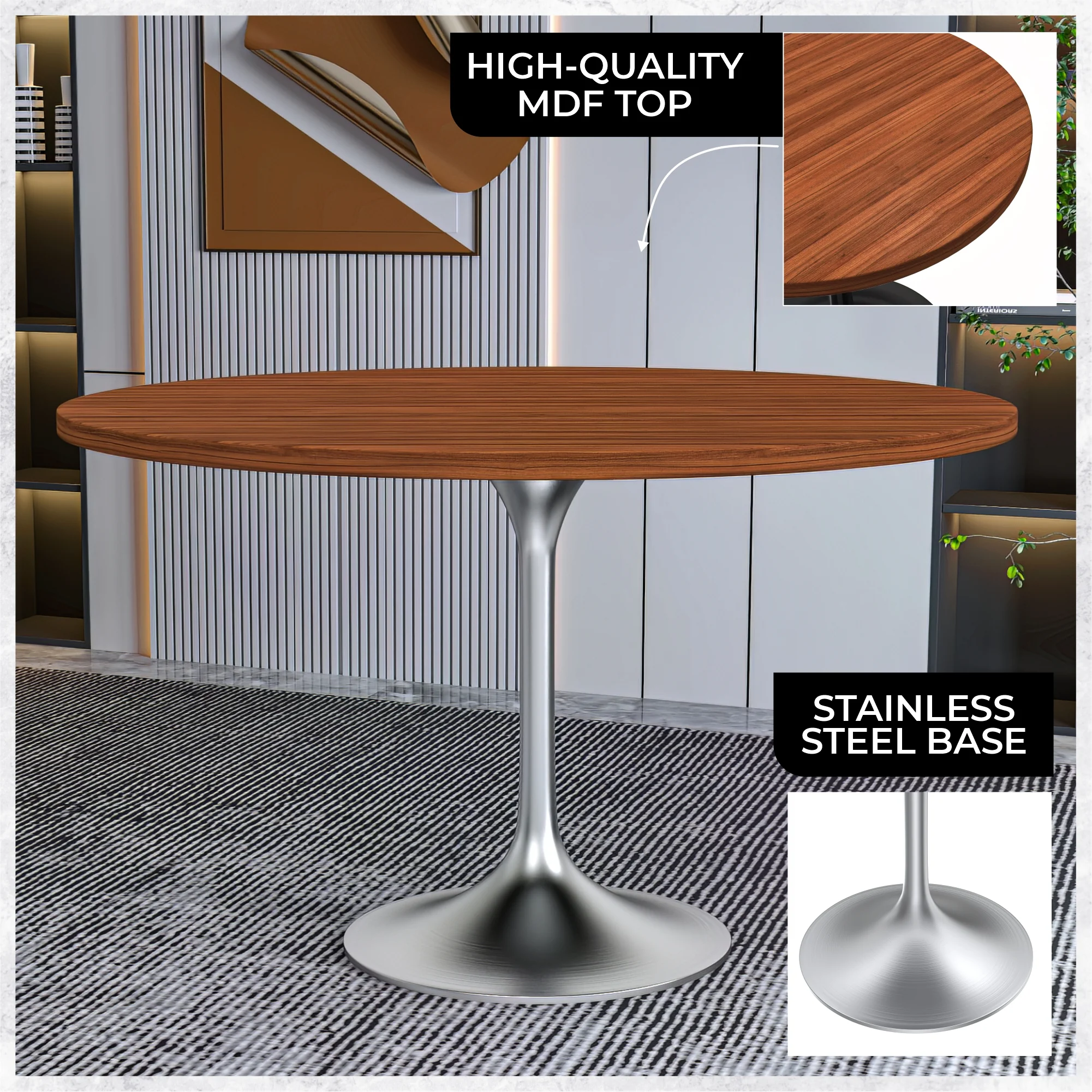 Verve Collection 48" Round Dining Table, Brushed Chrome Base with Cognac Brown MDF Top