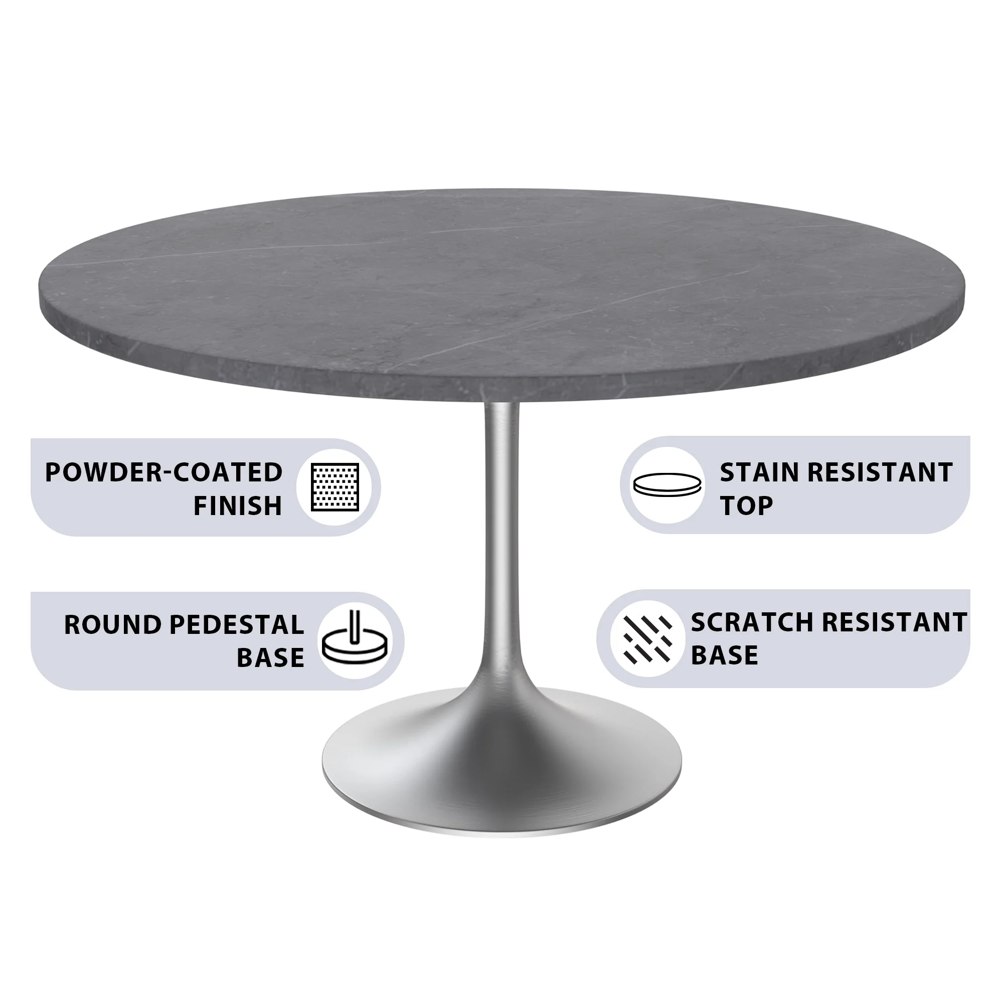 Verve Collection 48 Round Dining Table, Brushed Chrome Base with Sintered Stone Grey Top