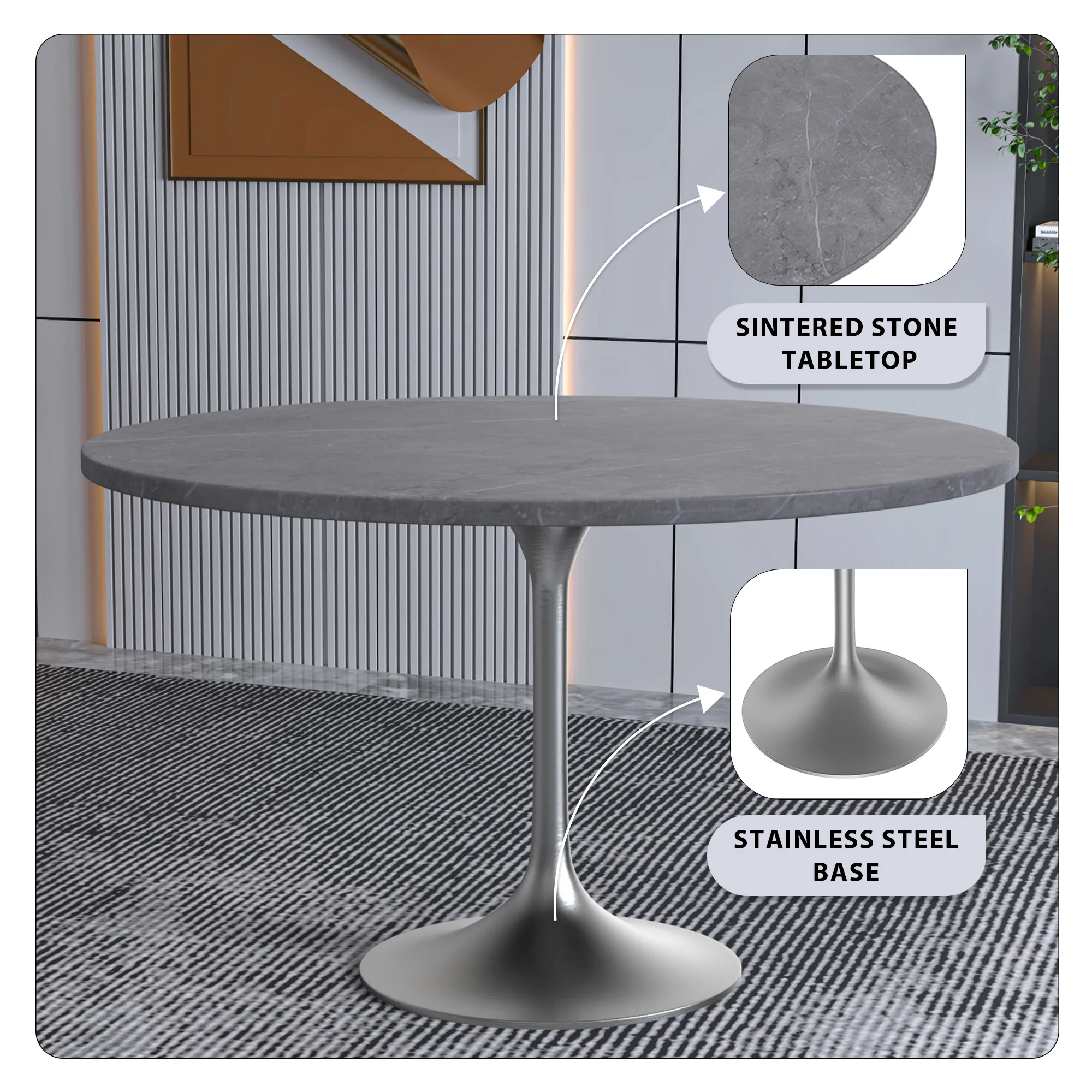 Verve Collection 48 Round Dining Table, Brushed Chrome Base with Sintered Stone Grey Top