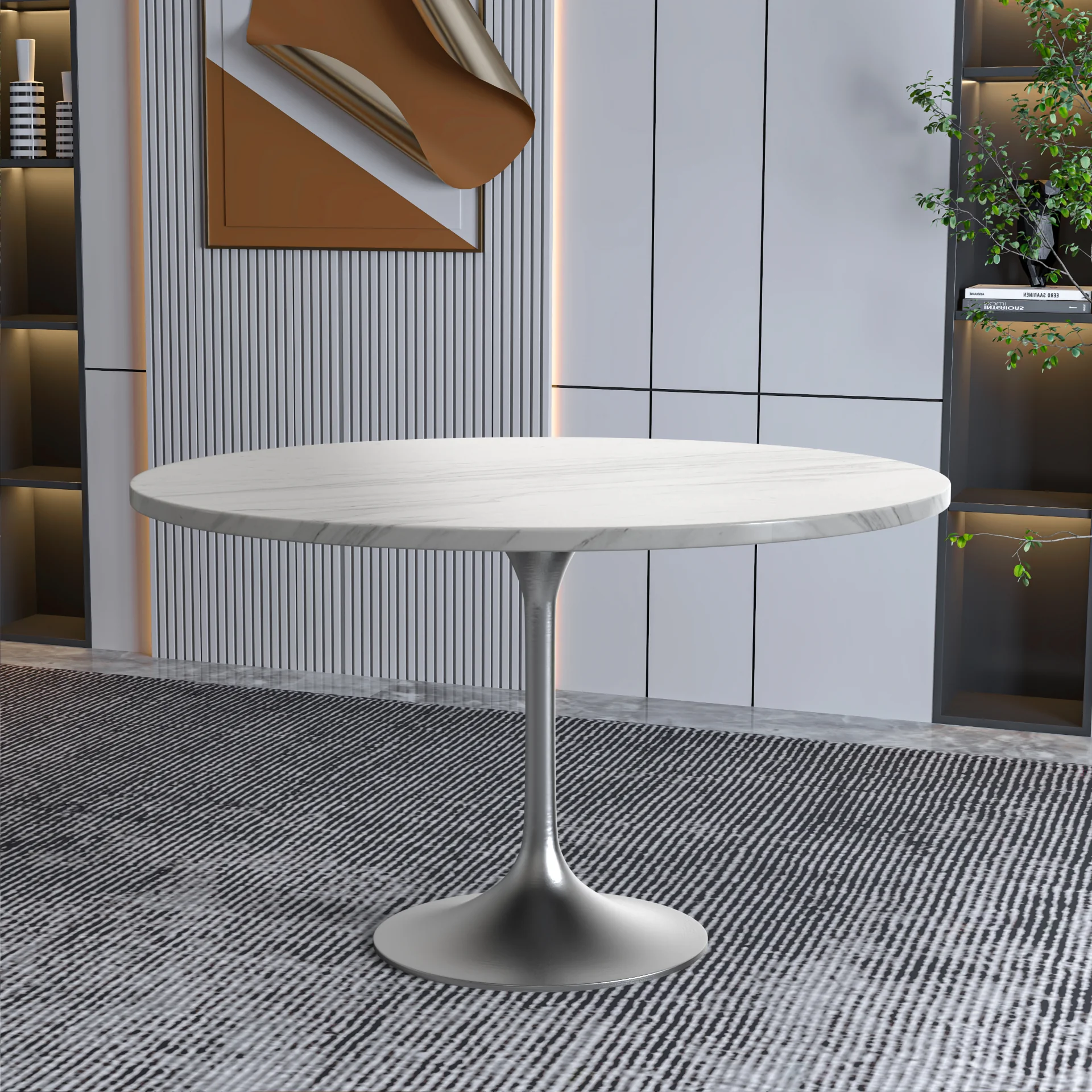 Verve Collection 48 Round Dining Table, Brushed Chrome Base with Sintered Stone White Top