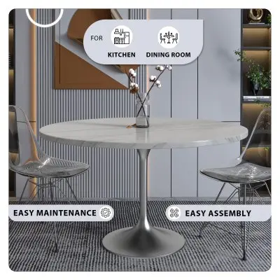 Verve Collection 48 Round Dining Table, Brushed Chrome Base with Sintered Stone White Top