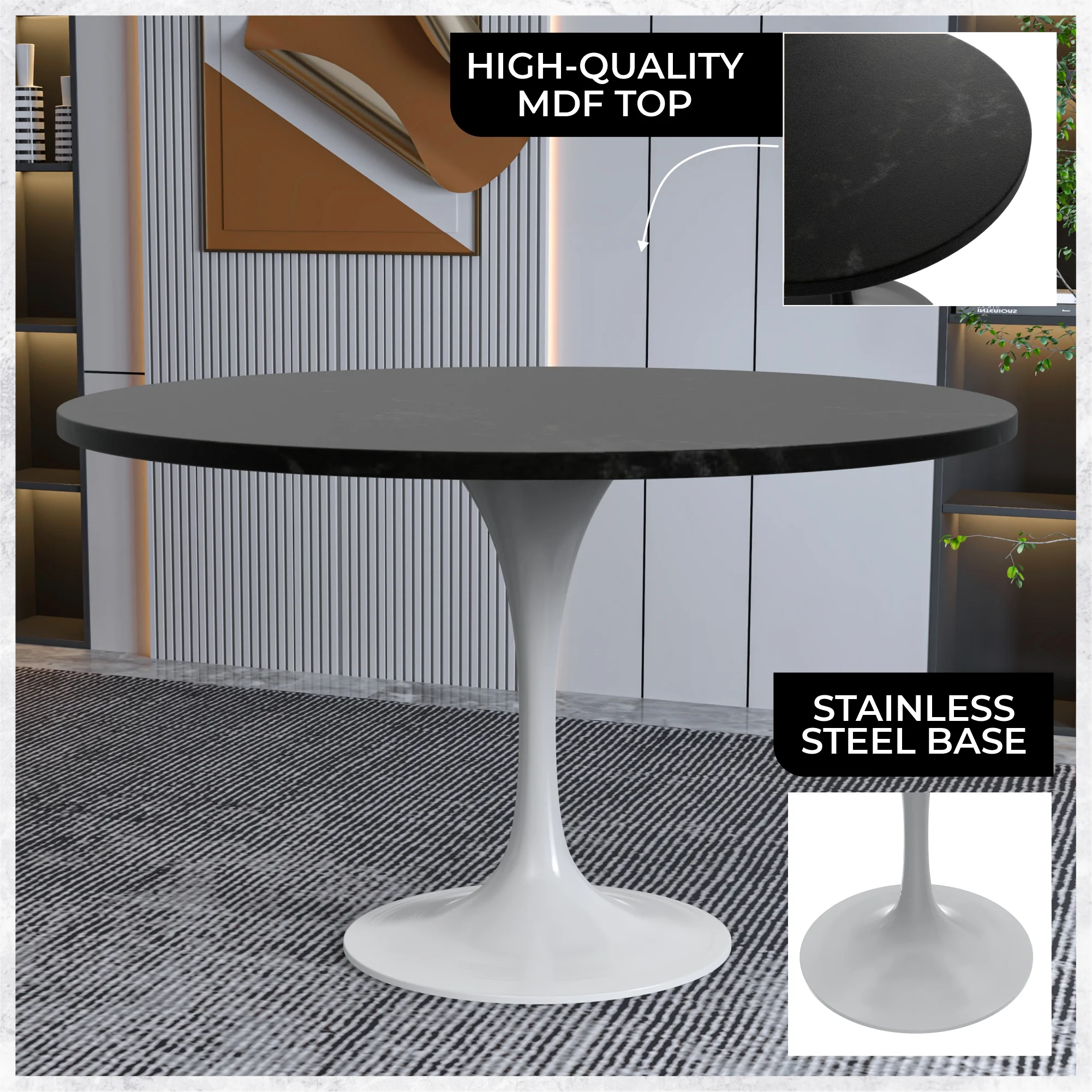 Verve Collection 48 Round Dining Table, White Base with Black MDF Top