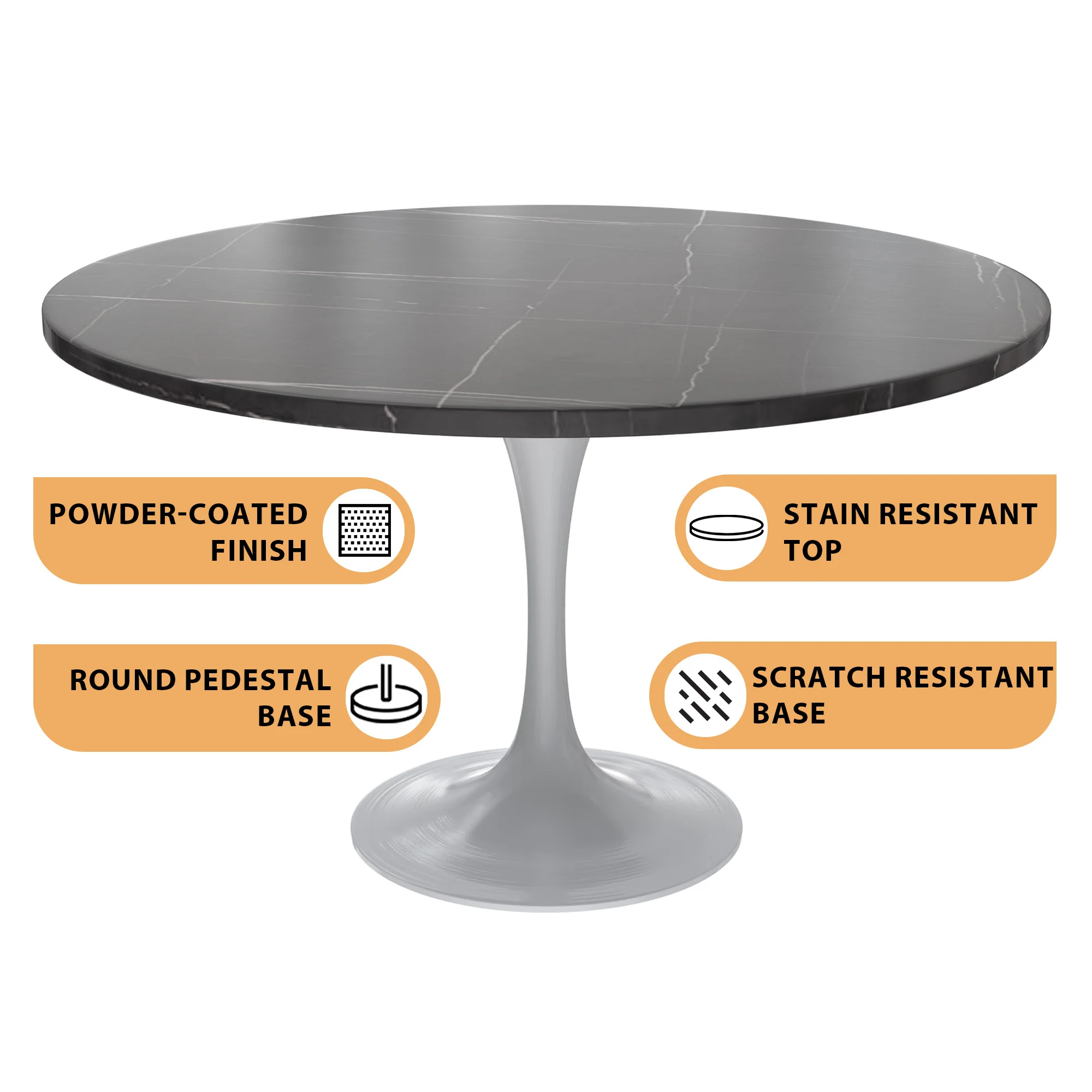 Verve Collection 48 Round Dining Table, White Base with Sintered Stone Black Top
