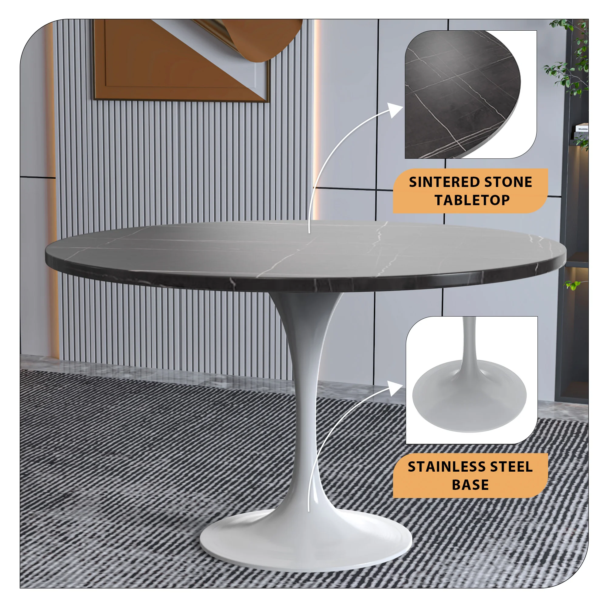 Verve Collection 48 Round Dining Table, White Base with Sintered Stone Black Top