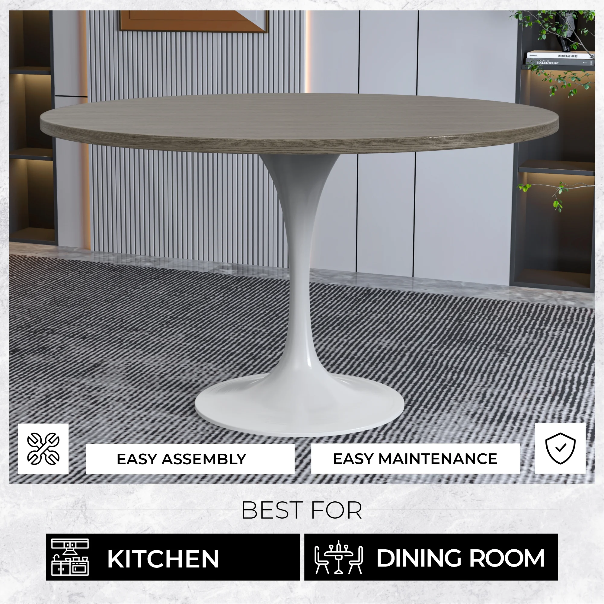 Verve Collection 48 Round Dining Table, White Base with Dark Maple MDF Top