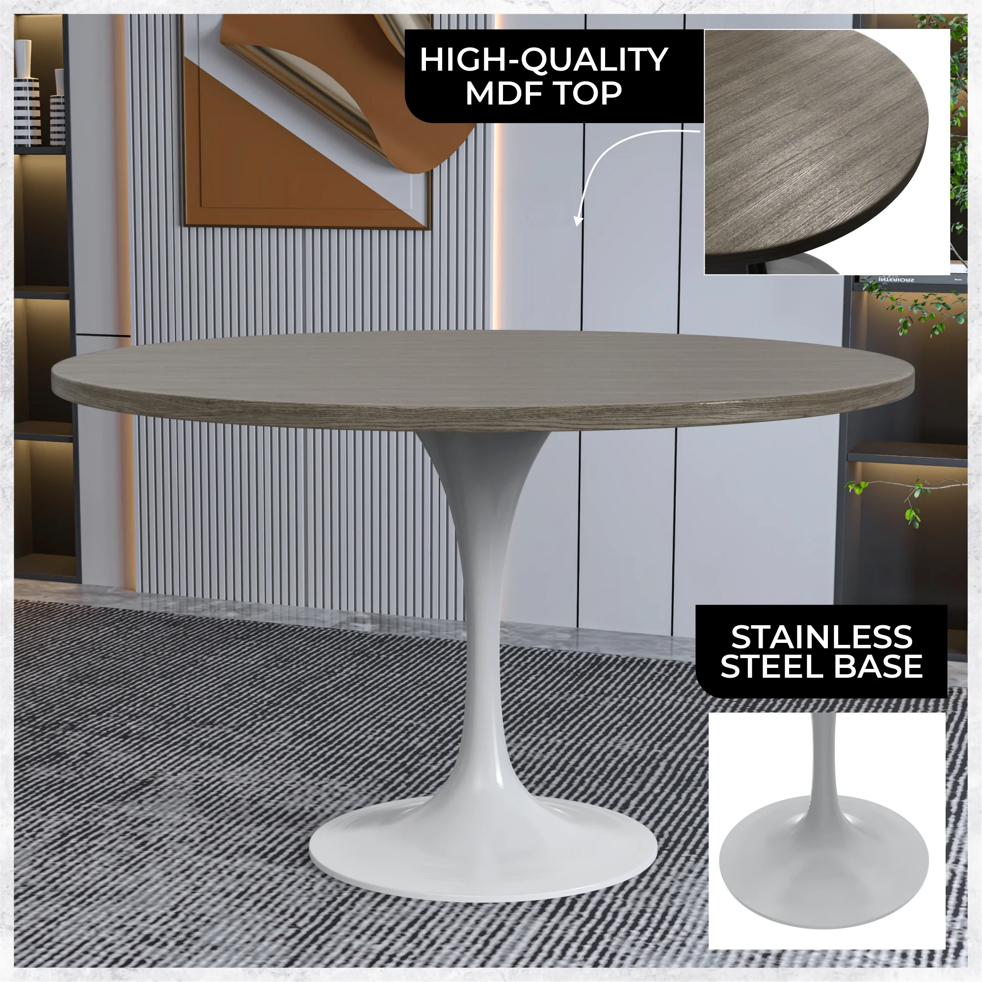 Verve Collection 48 Round Dining Table, White Base with Dark Maple MDF Top