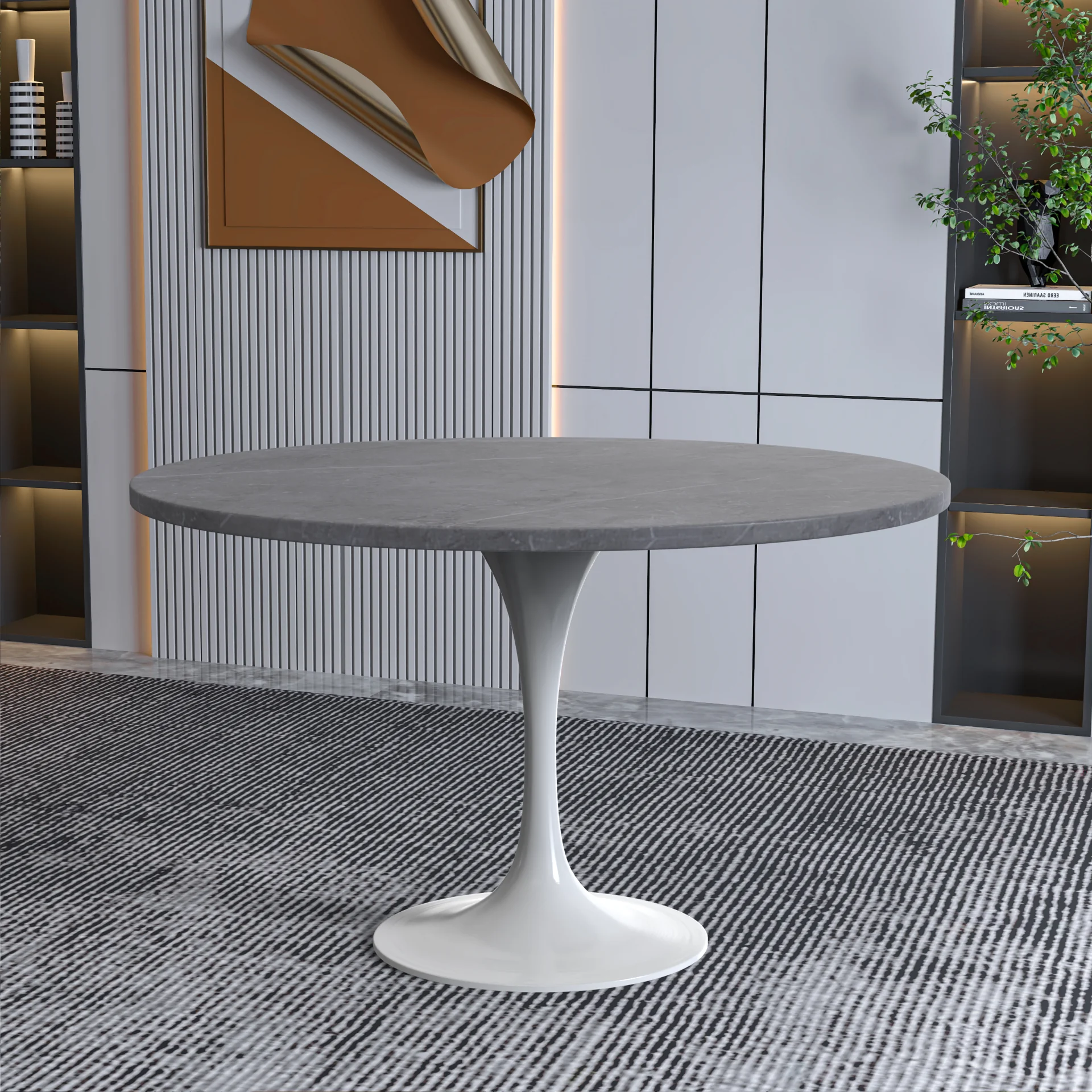 Verve Collection 48 Round Dining Table, White Base with Sintered Stone Grey Top