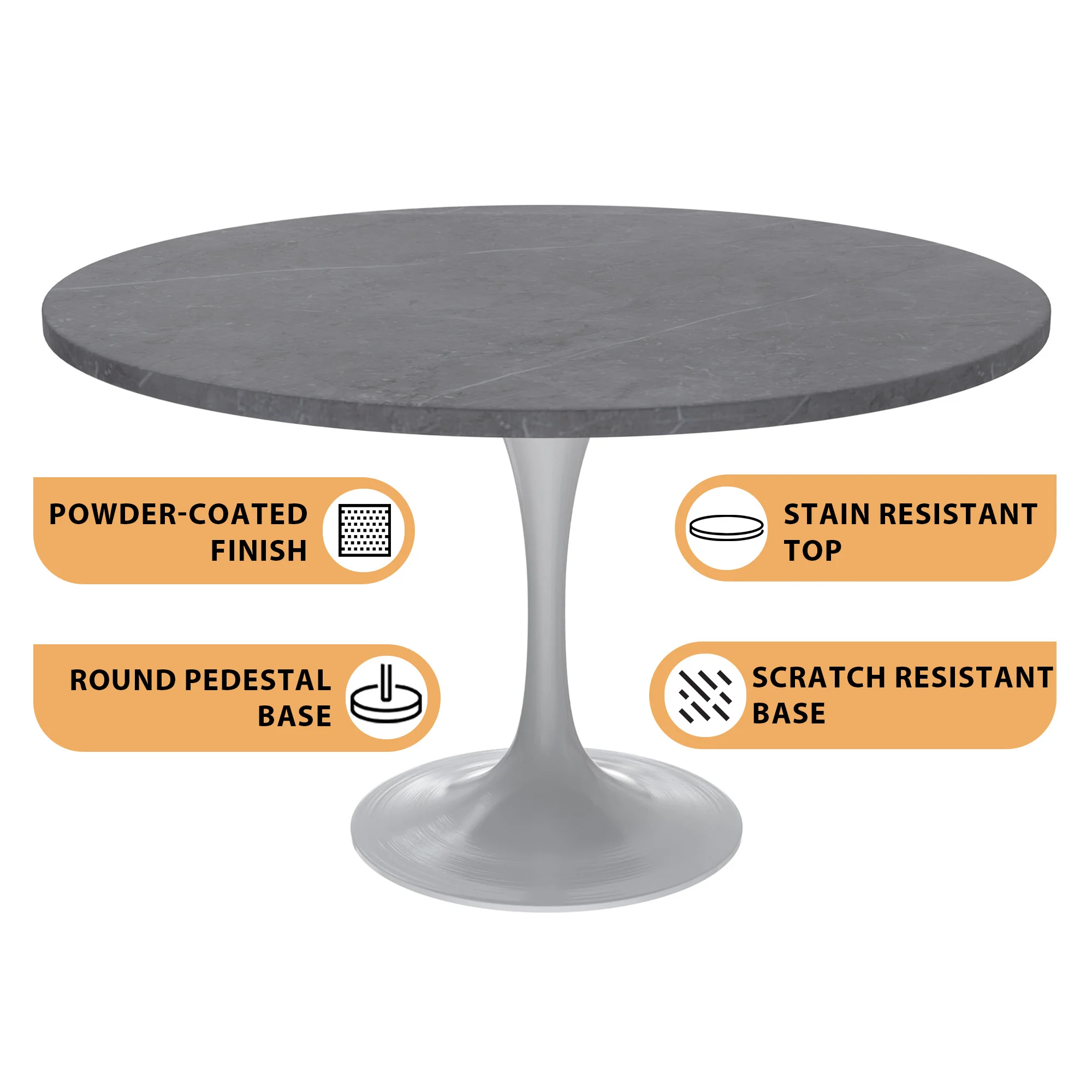 Verve Collection 48 Round Dining Table, White Base with Sintered Stone Grey Top