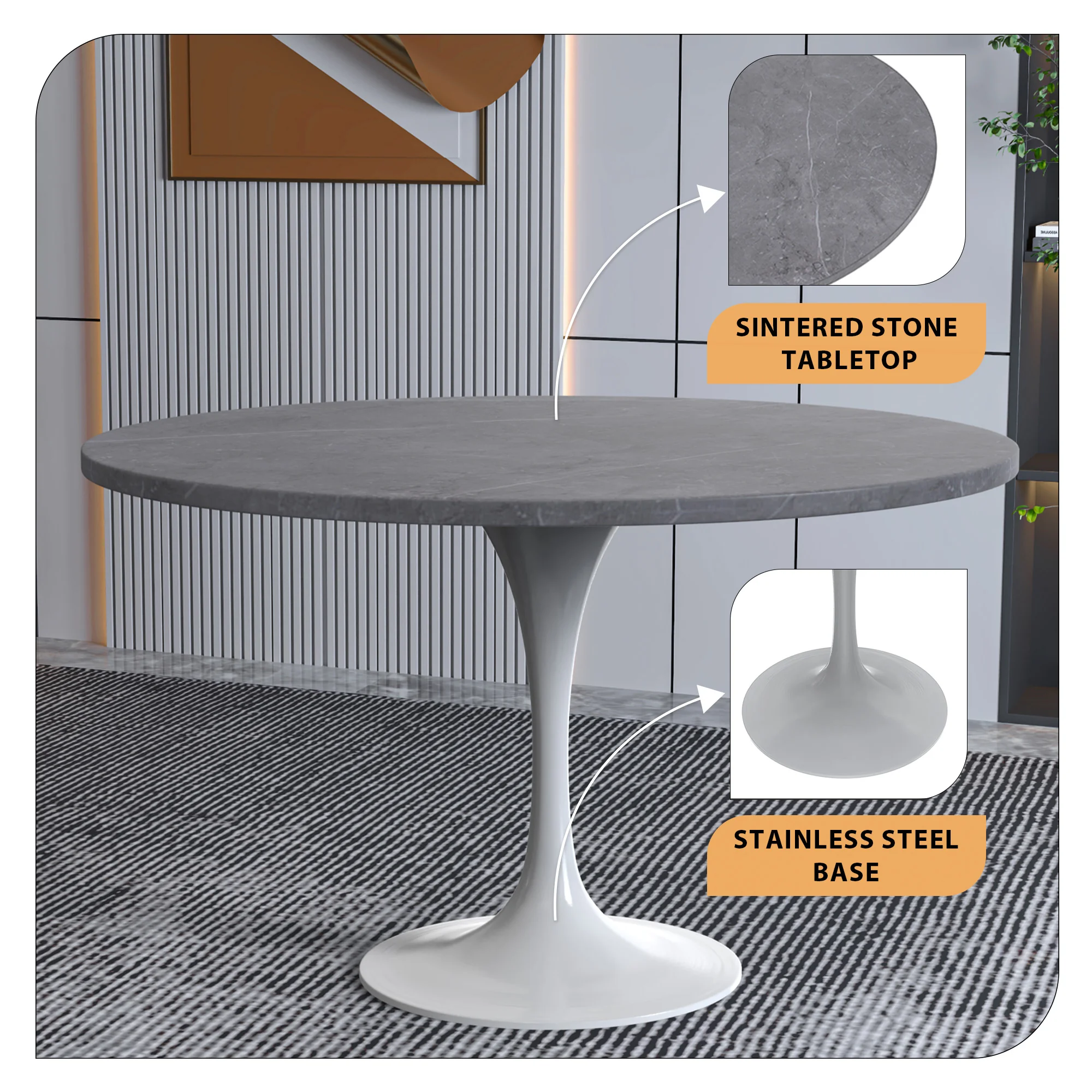 Verve Collection 48 Round Dining Table, White Base with Sintered Stone Grey Top