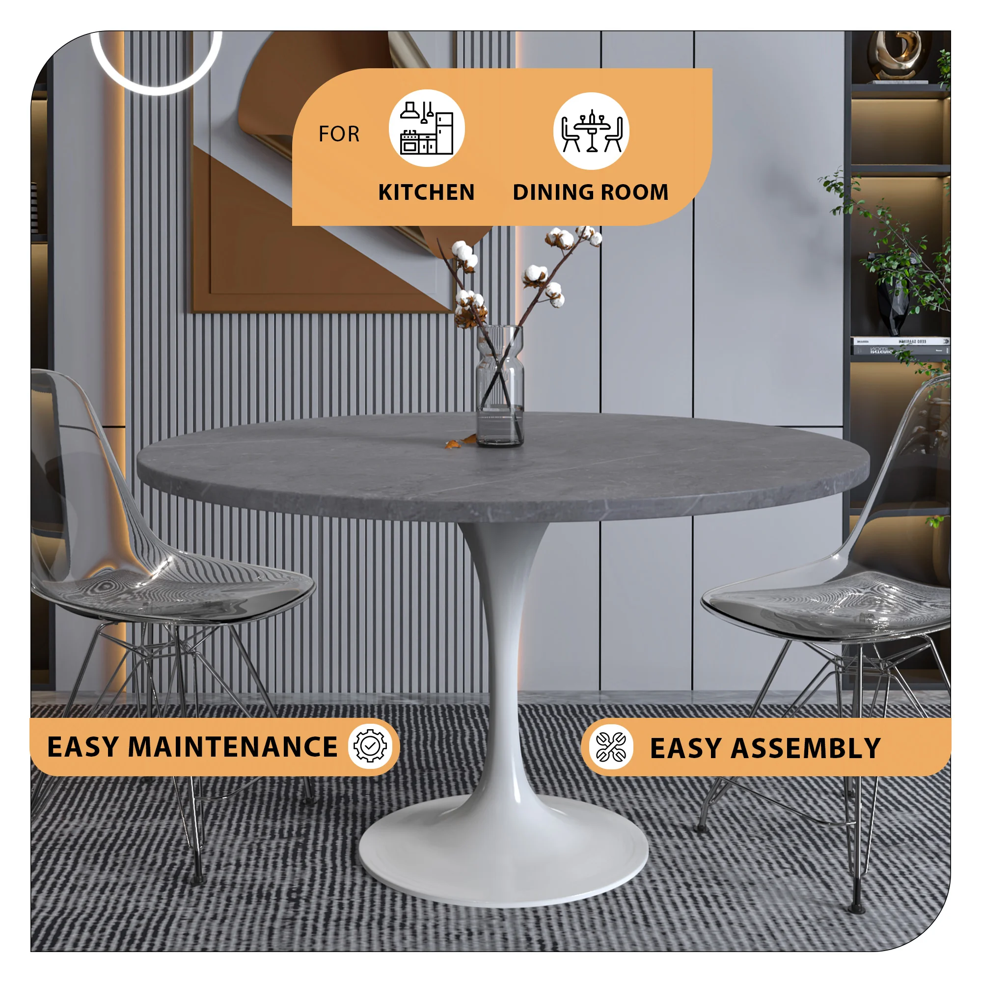 Verve Collection 48 Round Dining Table, White Base with Sintered Stone Grey Top