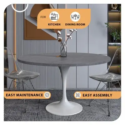 Verve Collection 48 Round Dining Table, White Base with Sintered Stone Grey Top