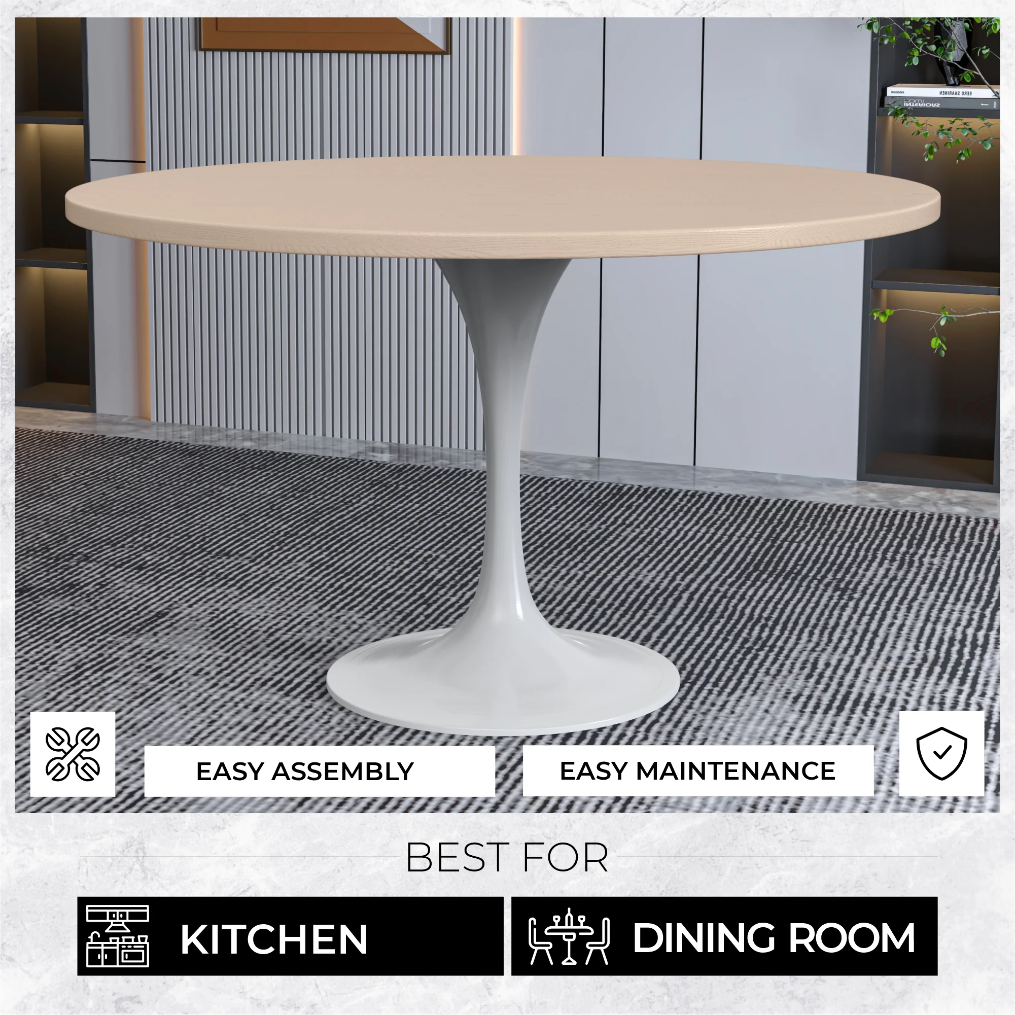 Verve Collection 48 Round Dining Table, White Base with Light Natural Wood MDF Top