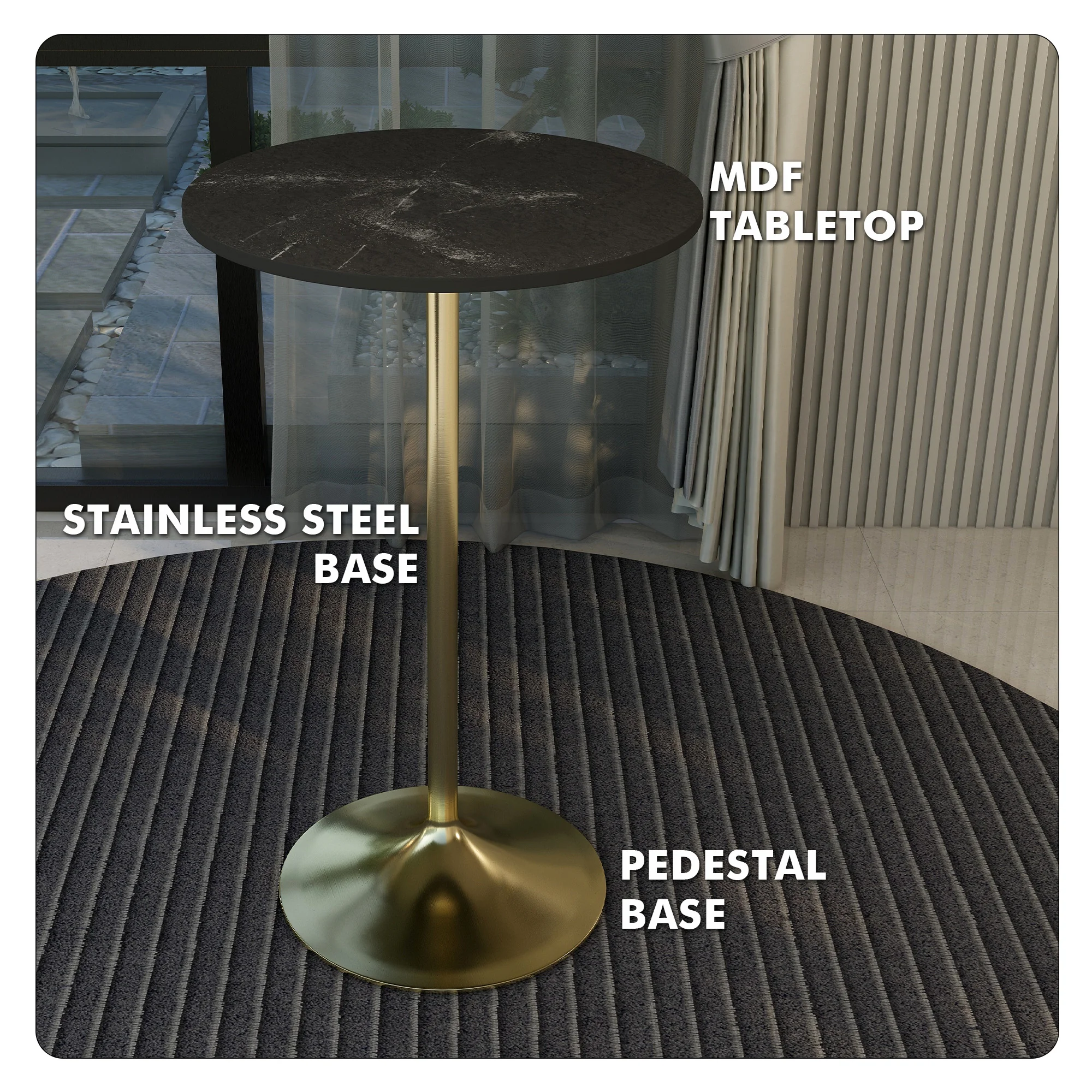 Verve Collection Modern Bar Height Table Brushed Gold Base with 27" Round Black Marbelized MDF Top