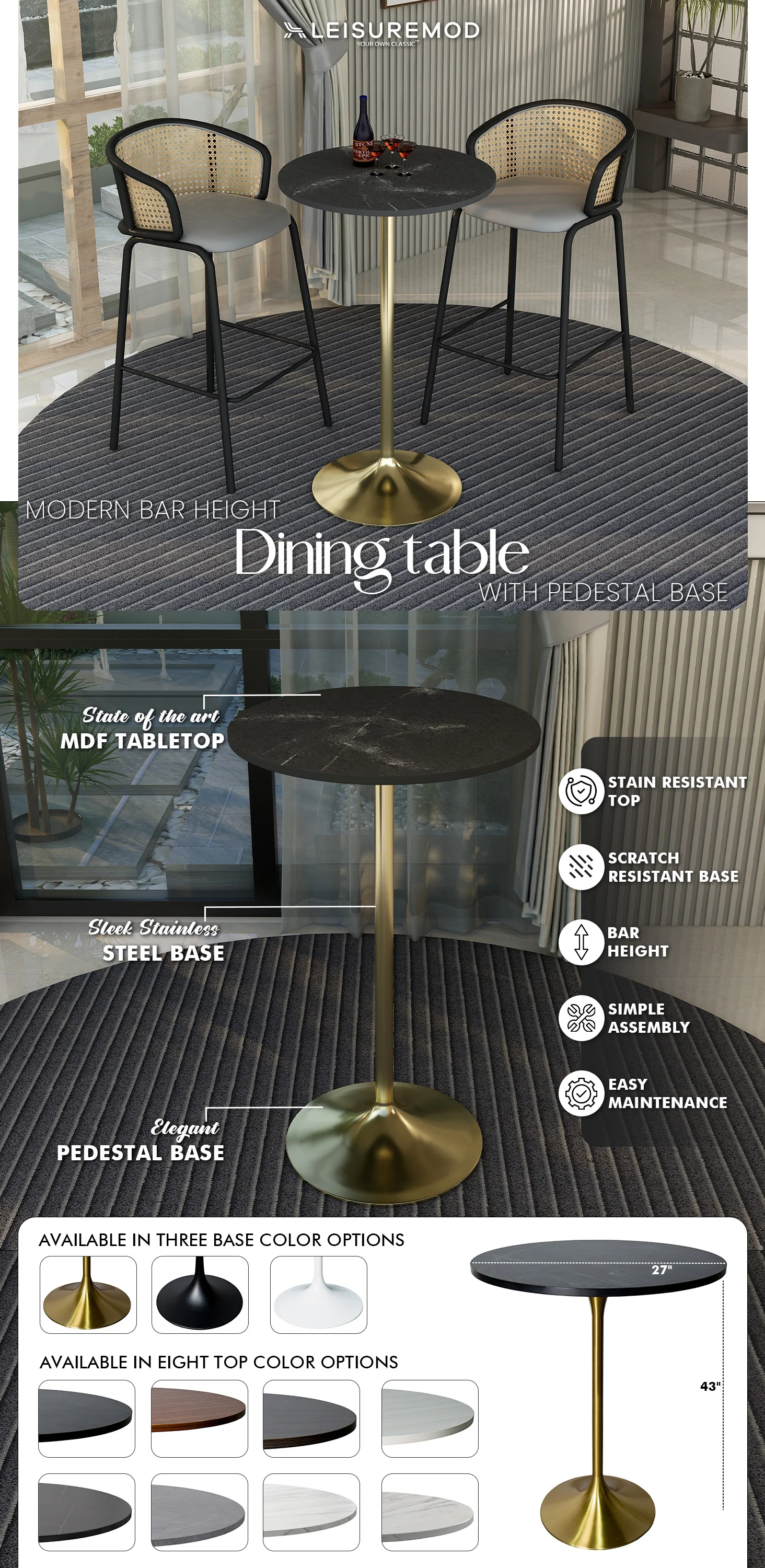 Verve Collection Modern Bar Height Table Brushed Gold Base with 27" Round Black Marbelized MDF Top