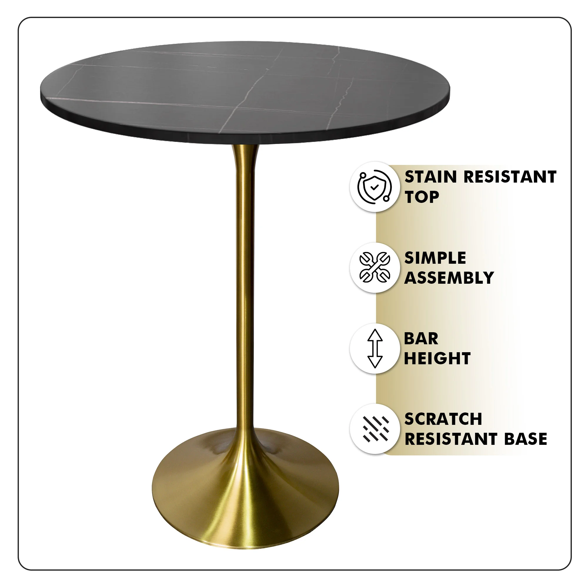 Verve Collection Modern Bar Height Table Brushed Gold Base with 27" Round Black Marbelized Sintered Stone Top