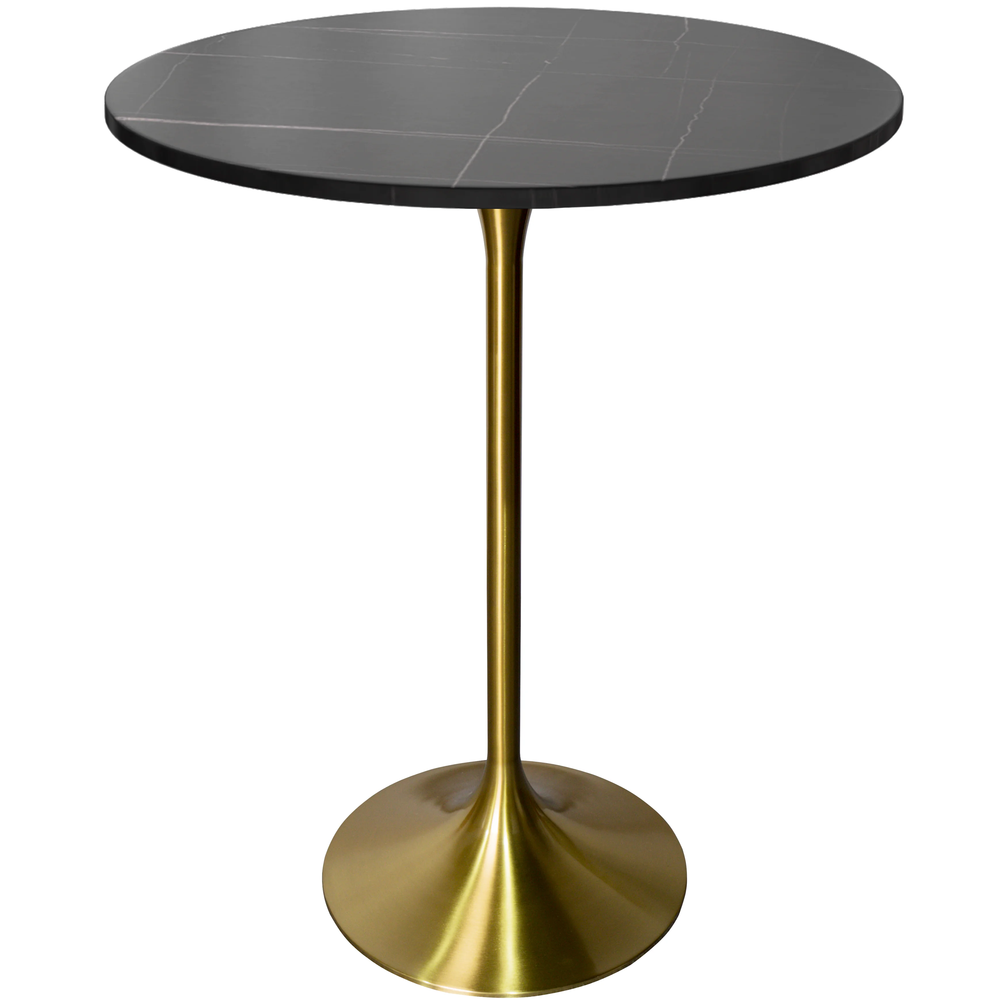 Verve Collection Modern Bar Height Table Brushed Gold Base with 27" Round Black Marbelized Sintered Stone Top