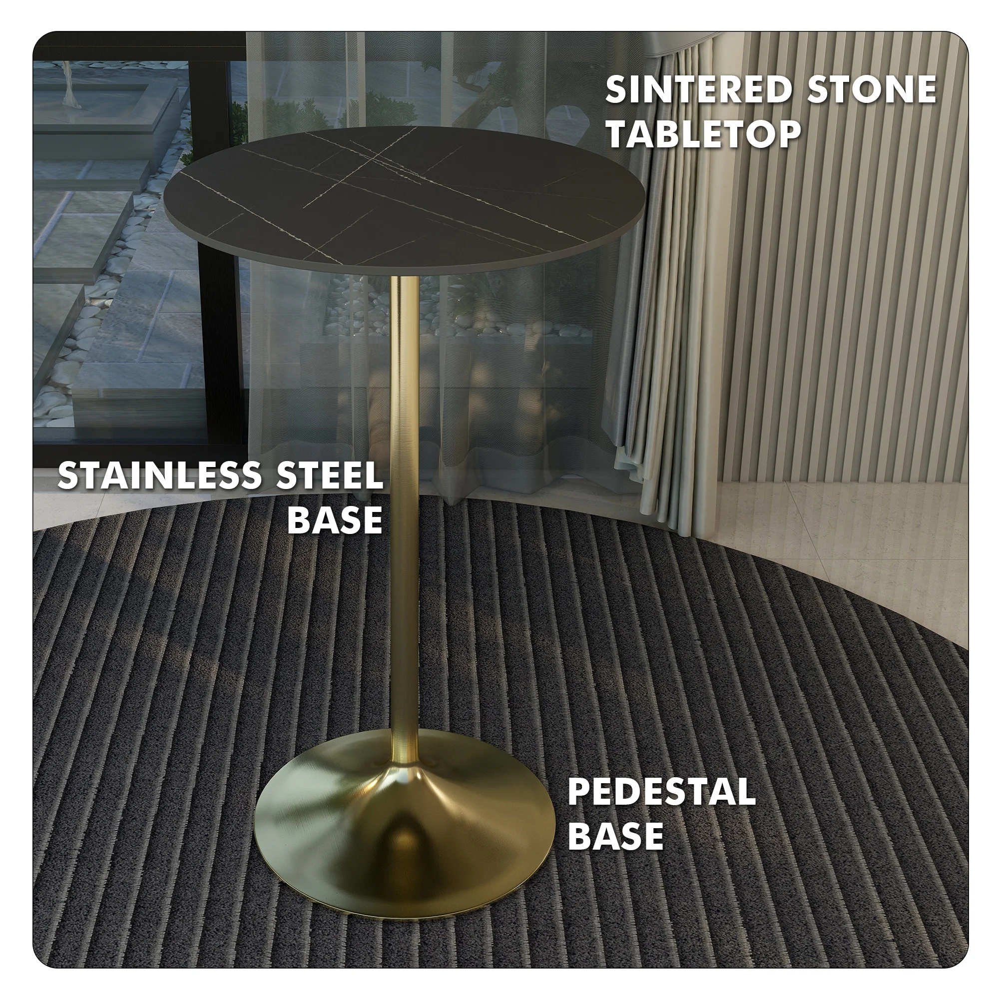 Verve Collection Modern Bar Height Table Brushed Gold Base with 27" Round Black Marbelized Sintered Stone Top