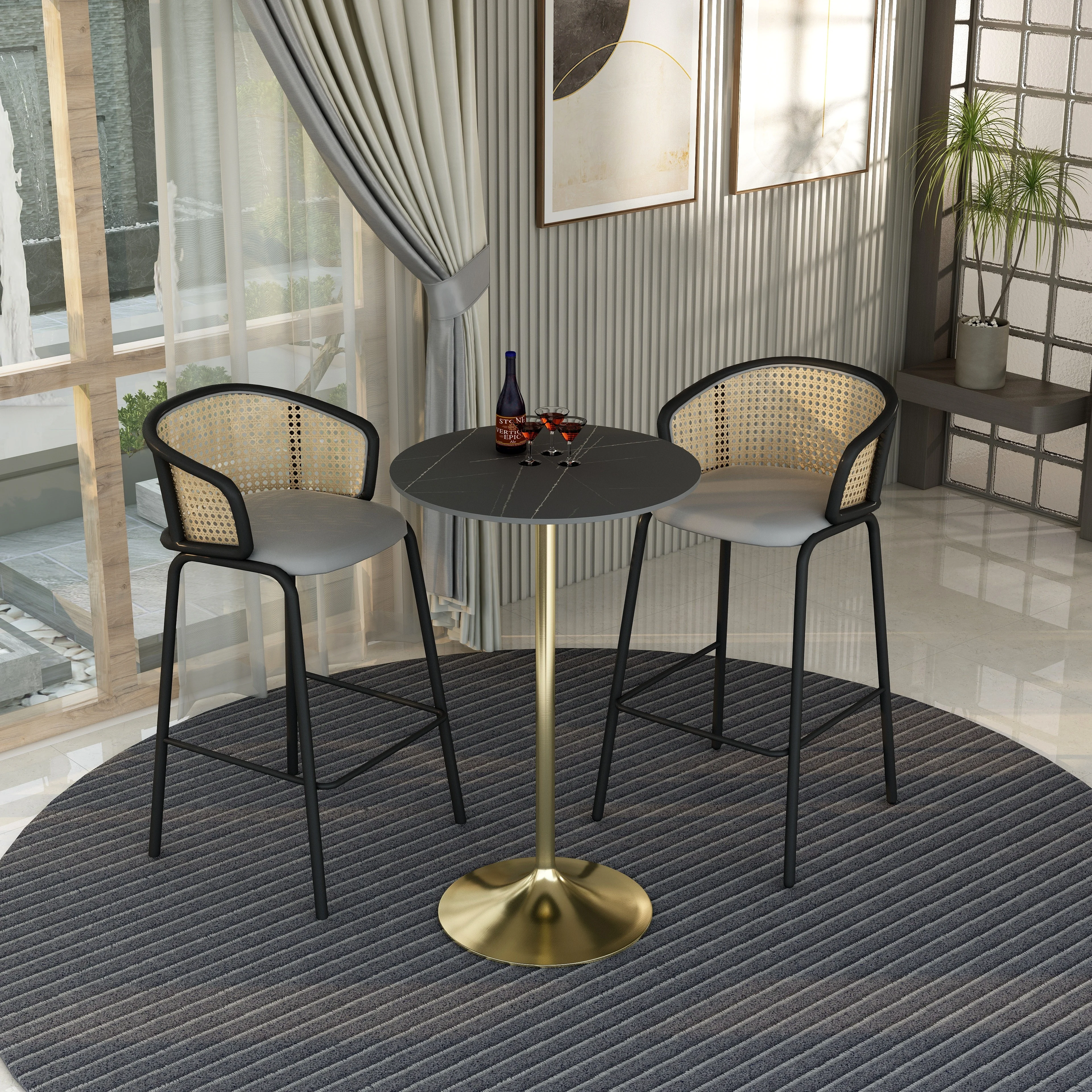 Verve Collection Modern Bar Height Table Brushed Gold Base with 27" Round Black Marbelized Sintered Stone Top