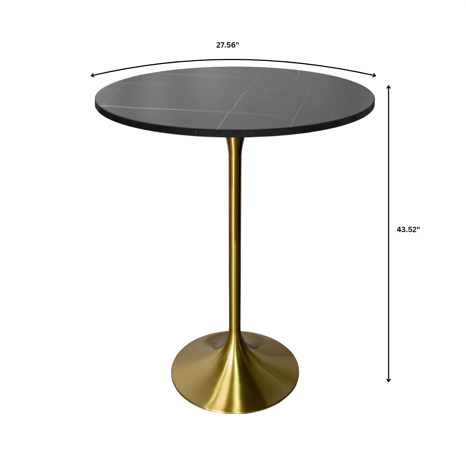 Verve Collection Modern Bar Height Table Brushed Gold Base with 27" Round Black Marbelized Sintered Stone Top