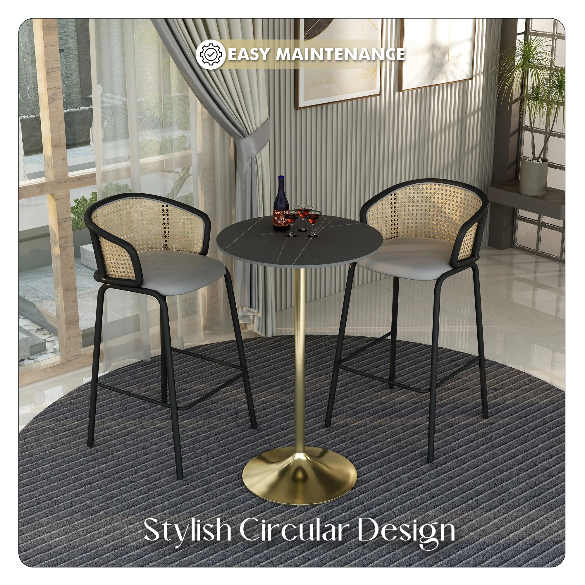 Verve Collection Modern Bar Height Table Brushed Gold Base with 27" Round Black Marbelized Sintered Stone Top