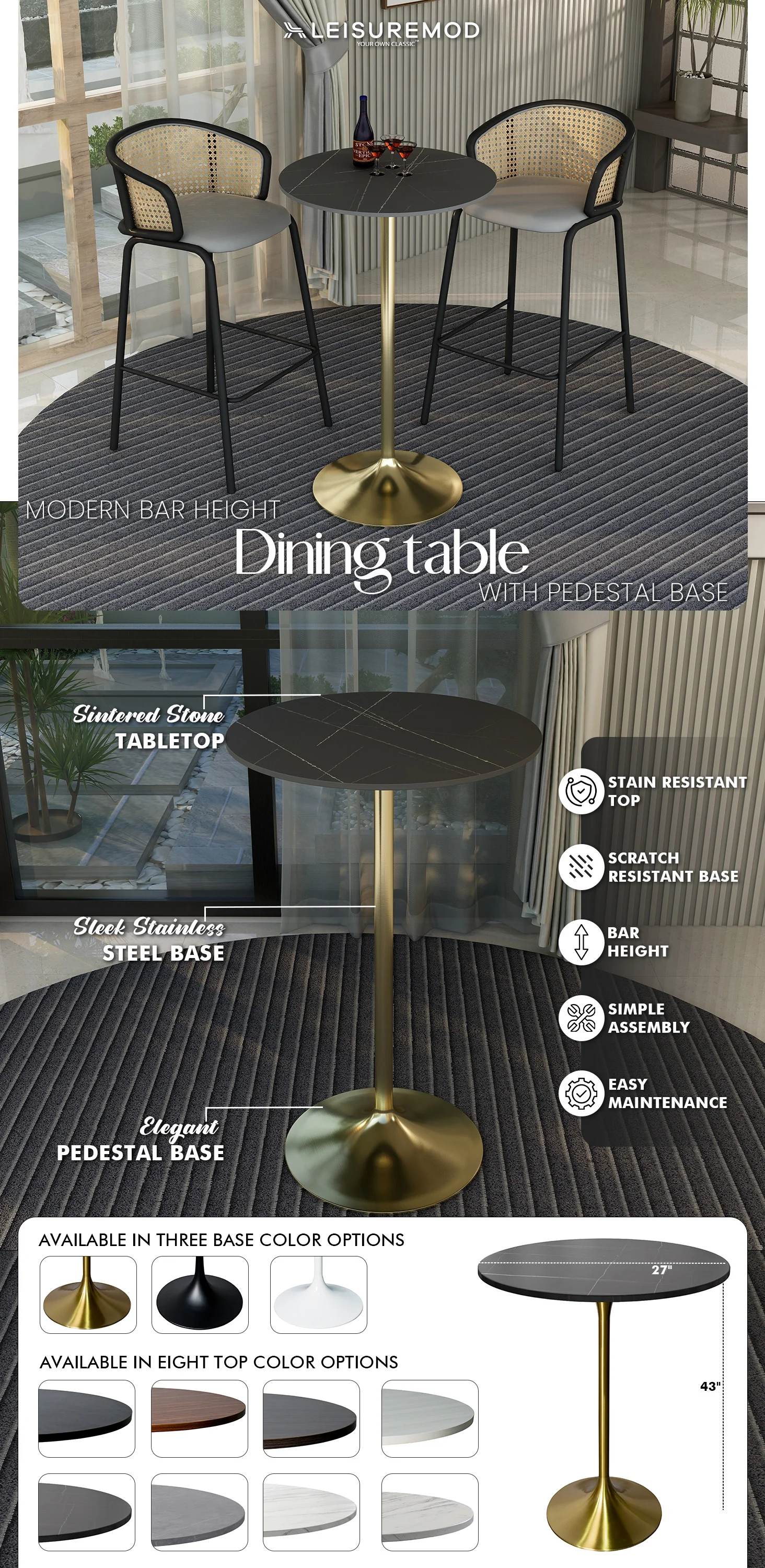 Verve Collection Modern Bar Height Table Brushed Gold Base with 27" Round Black Marbelized Sintered Stone Top