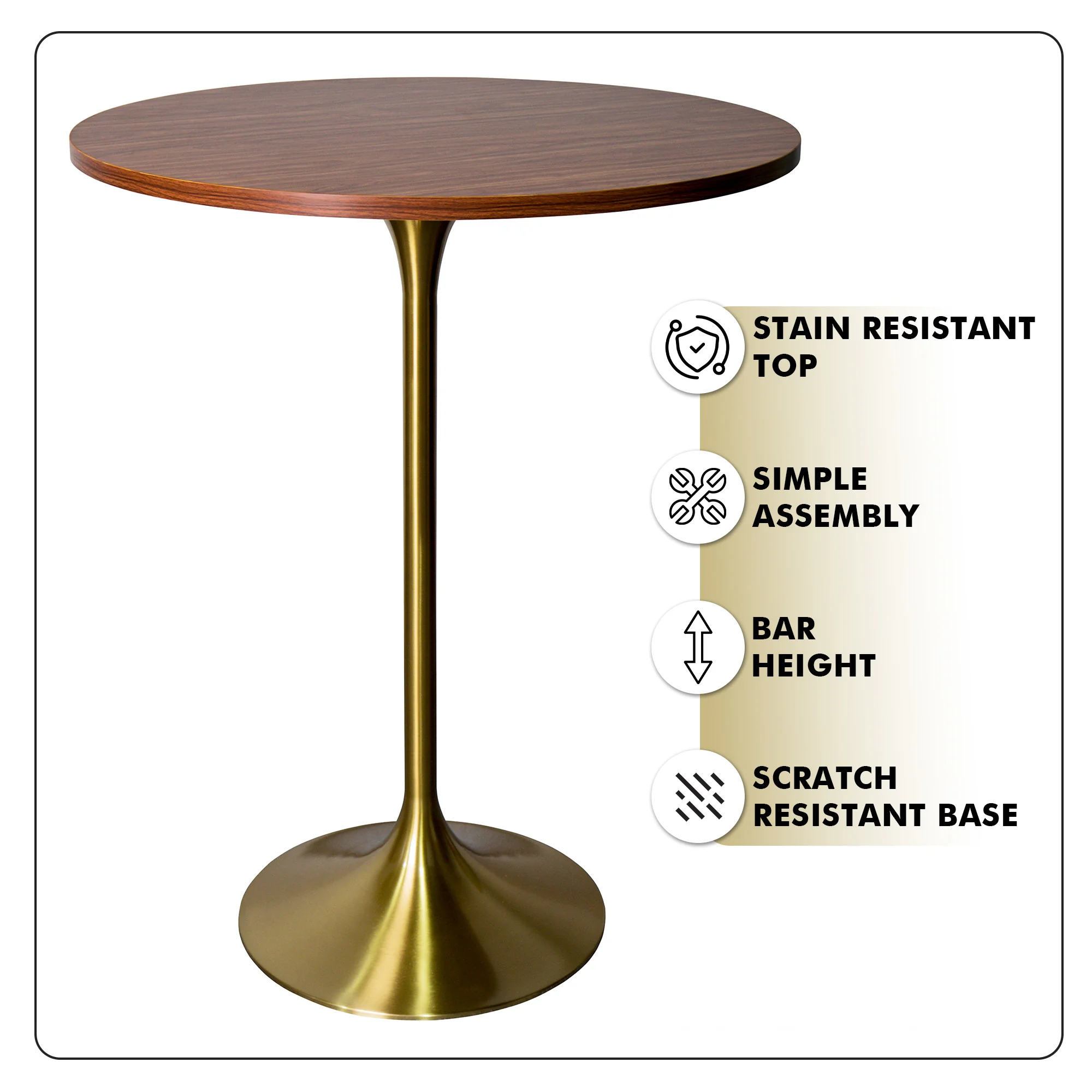Verve Collection Modern Bar Height Table Brushed Gold Base with 27" Round Cognac Brown MDF Top