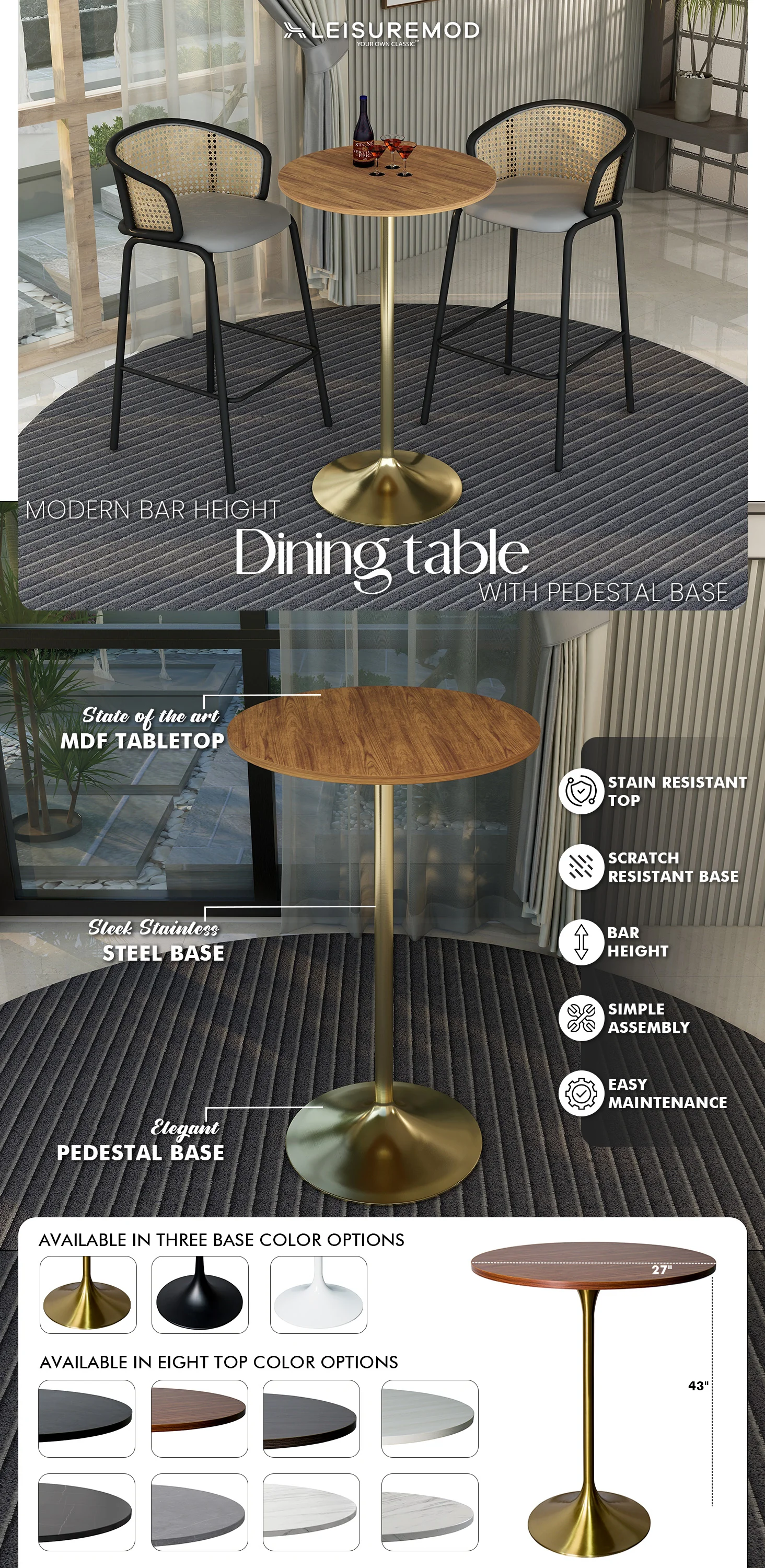 Verve Collection Modern Bar Height Table Brushed Gold Base with 27" Round Cognac Brown MDF Top