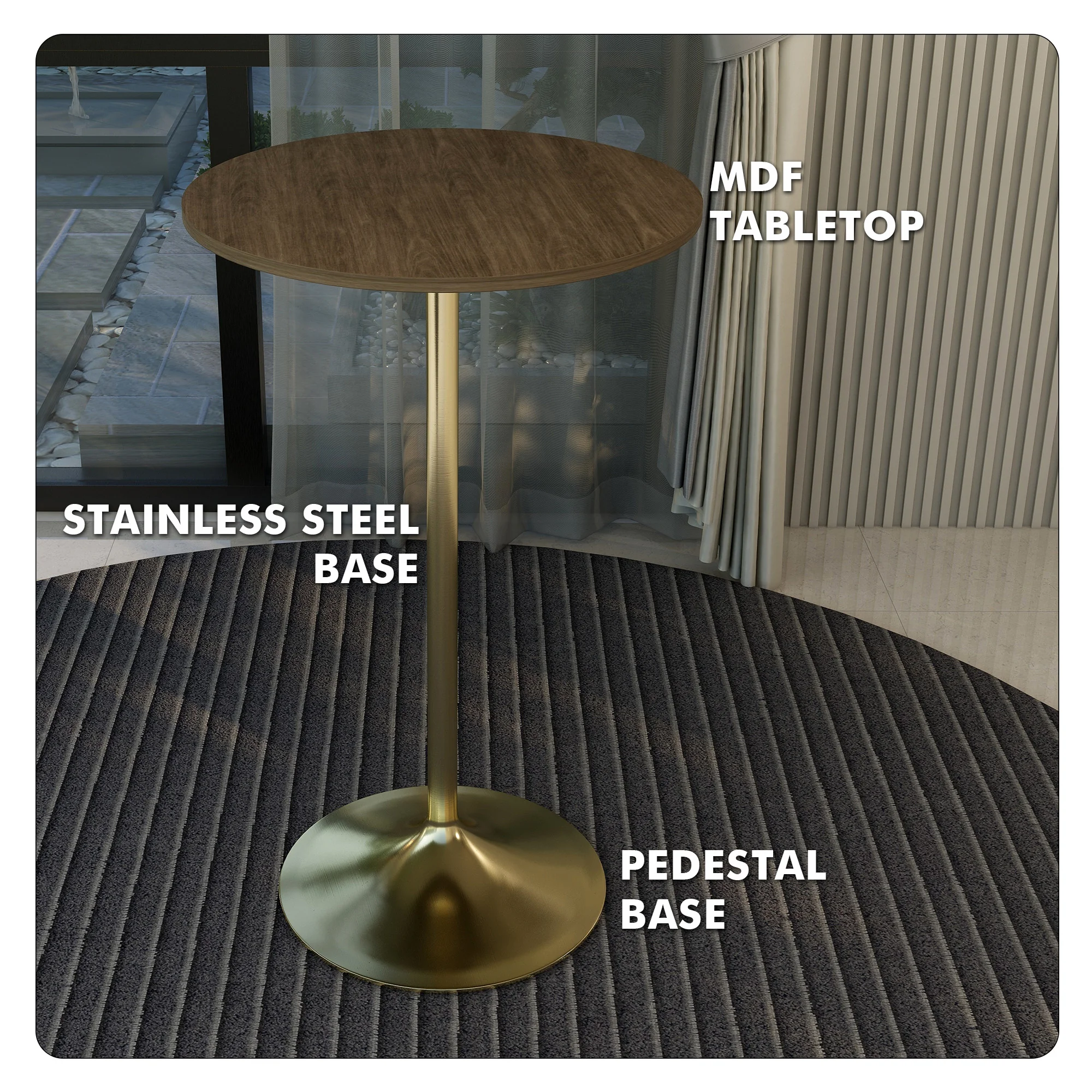 Verve Collection Modern Bar Height Table Brushed Gold Base with 27" Round Dark Walnut MDF Top