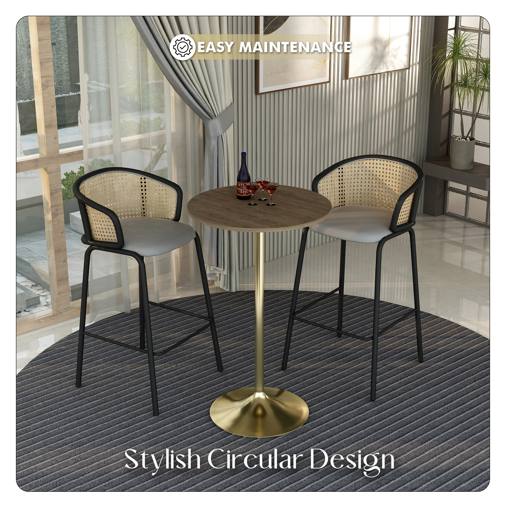 Verve Collection Modern Bar Height Table Brushed Gold Base with 27" Round Dark Walnut MDF Top