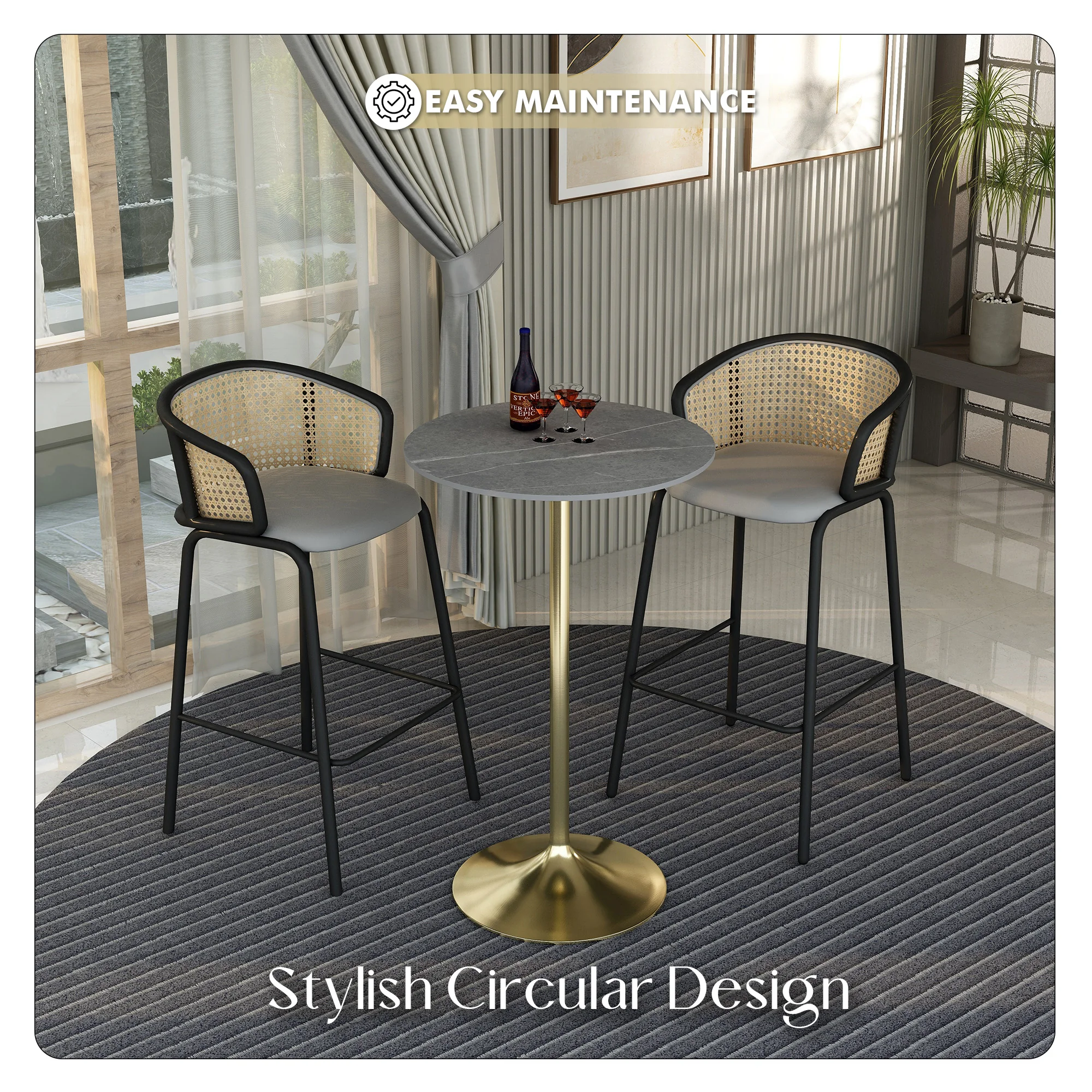 Verve Collection Modern Bar Height Table Brushed Gold Base with 27" Round Marble Grey Sintered Stone Top