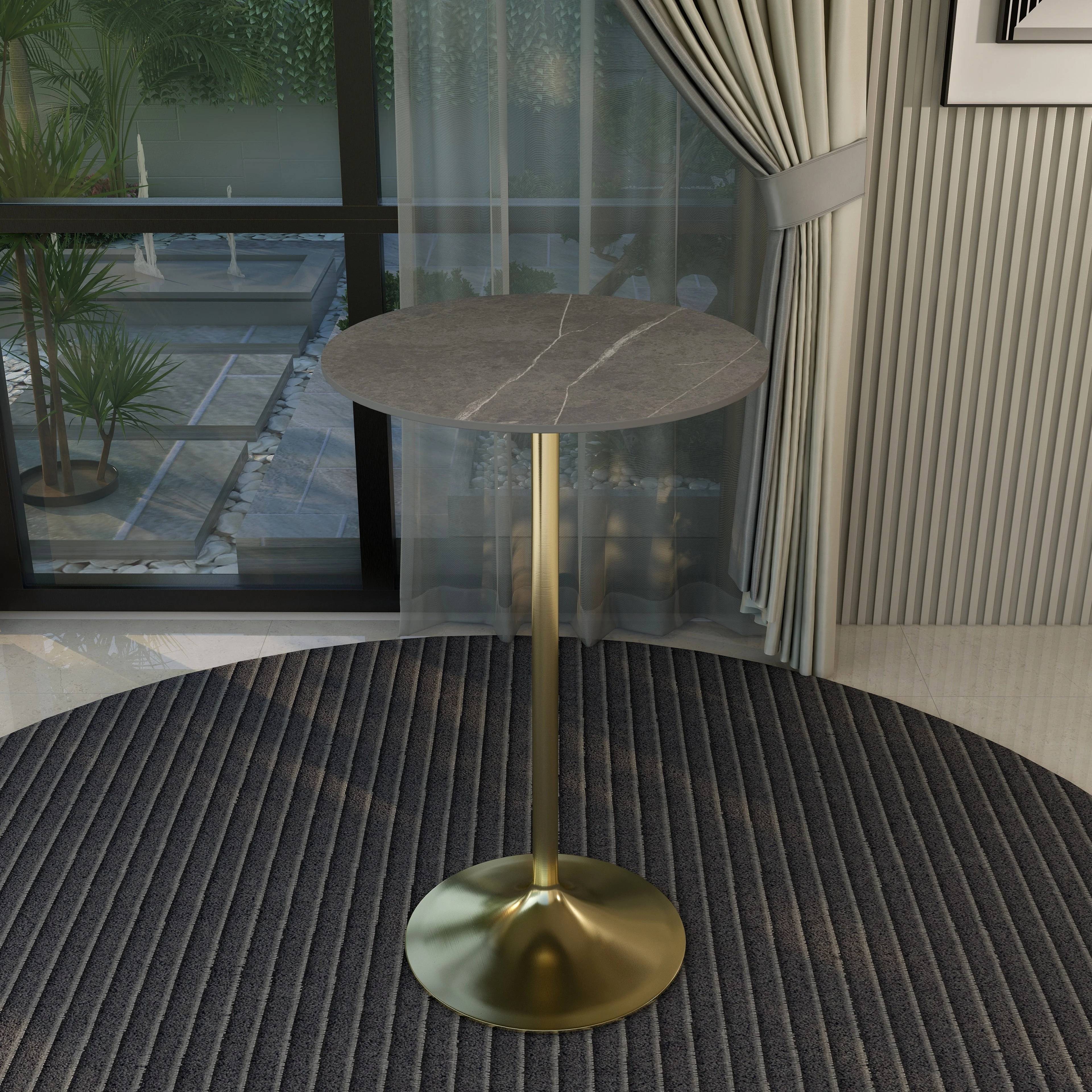 Verve Collection Modern Bar Height Table Brushed Gold Base with 27" Round Marble Grey Sintered Stone Top